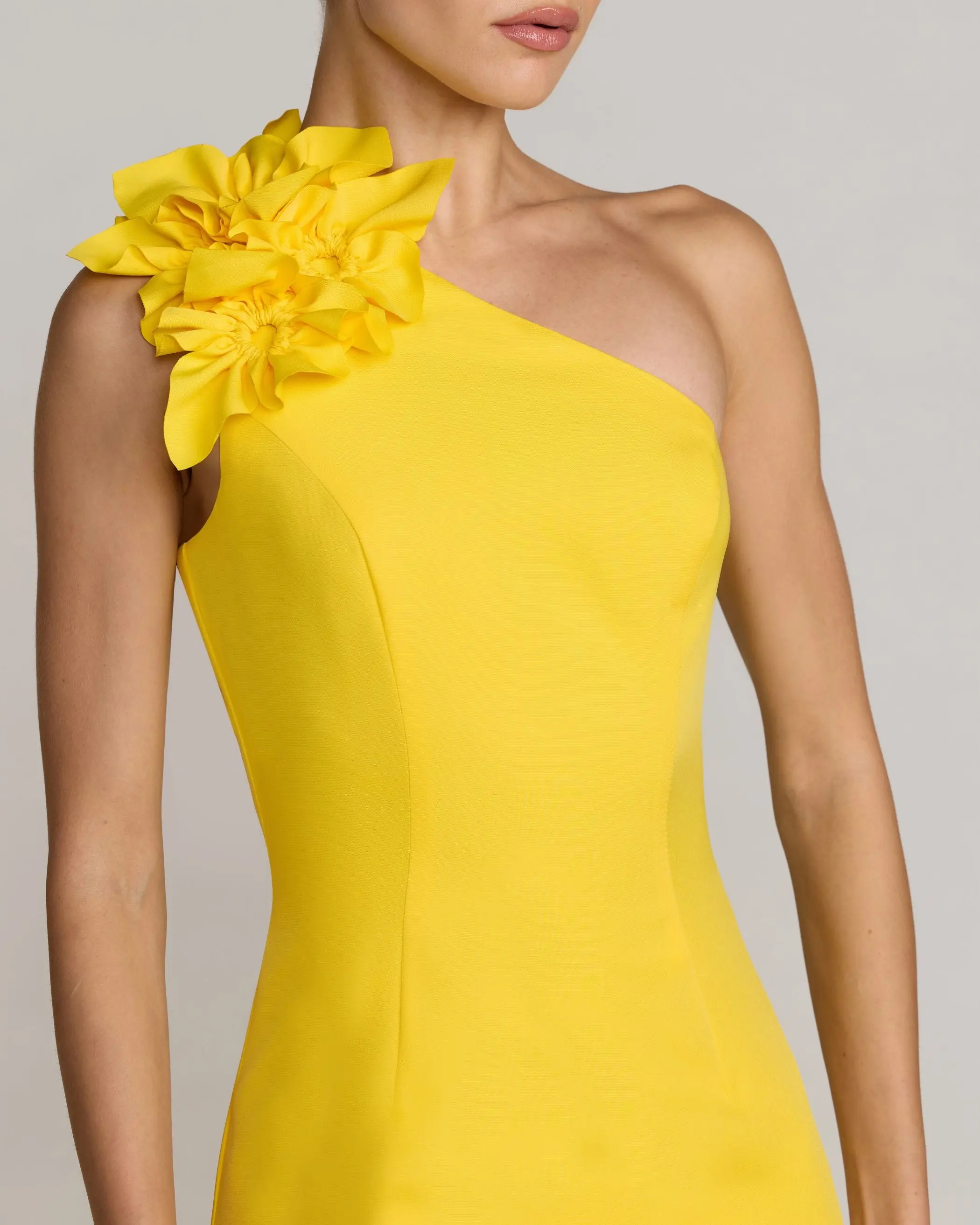 Yellow One Shoulder Crepe Gown with 3D Flower - Image 3