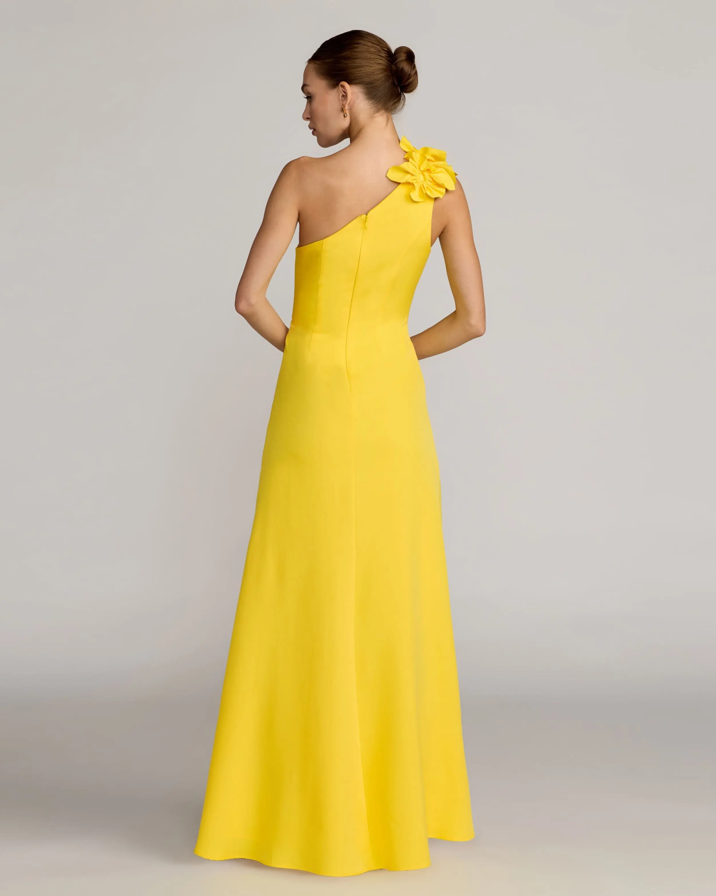 Yellow One Shoulder Crepe Gown with 3D Flower - Image 4