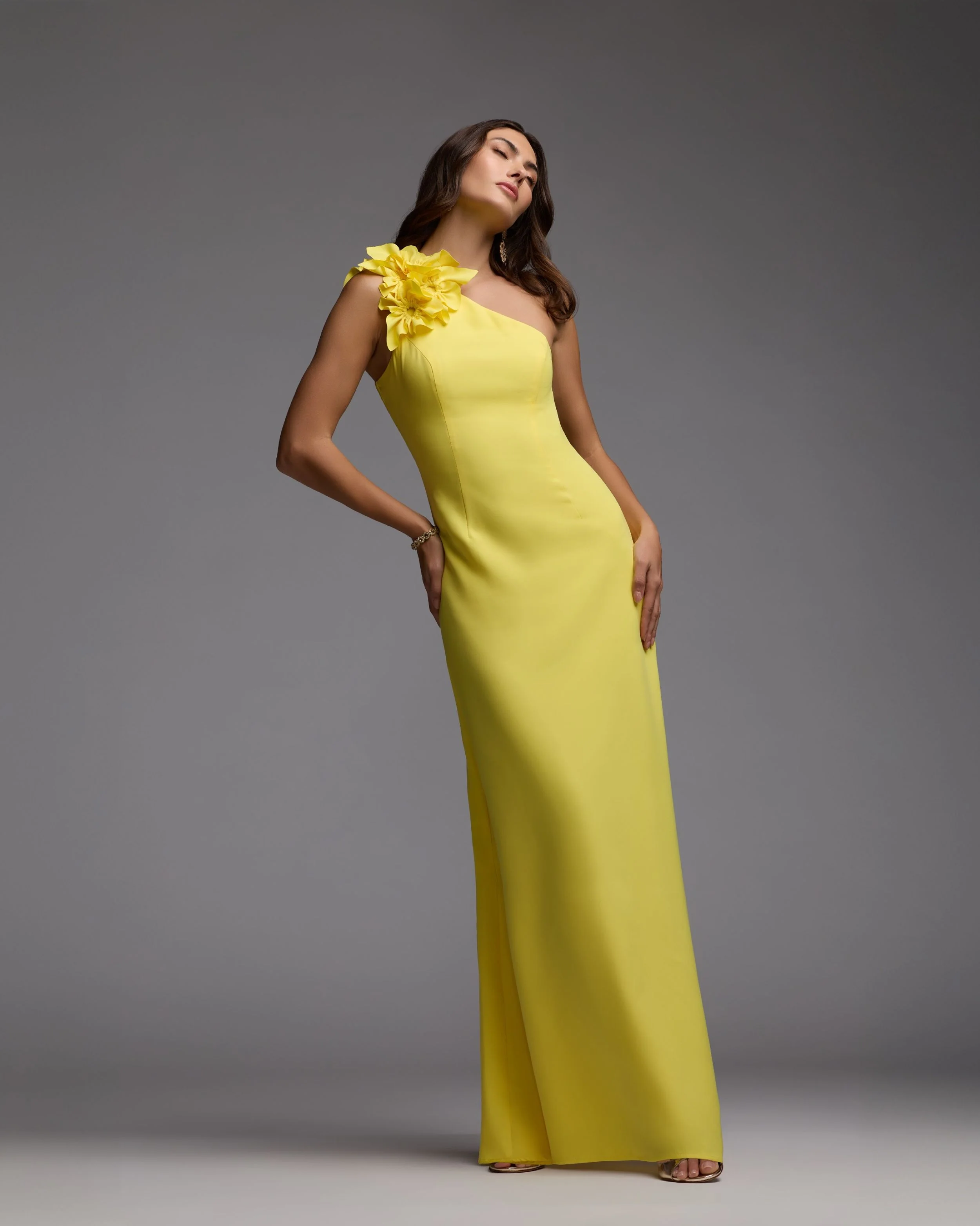 Yellow One Shoulder Crepe Gown with 3D Flower - Image 6