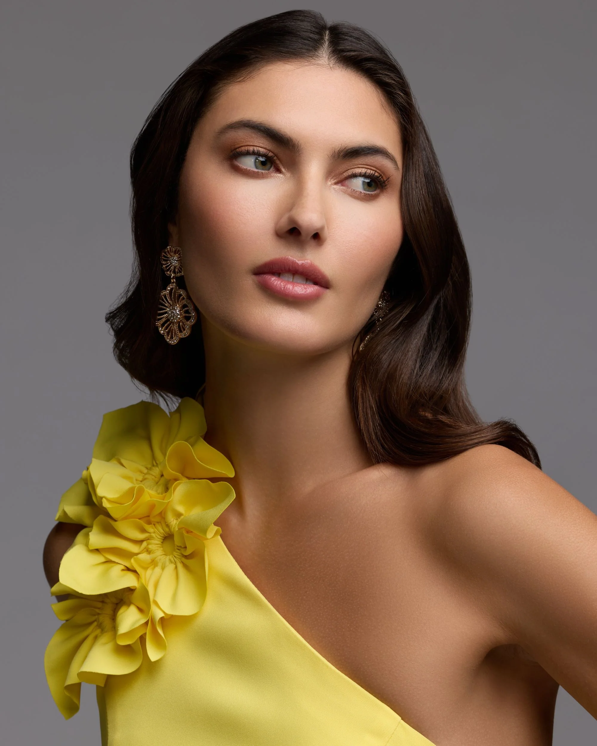 Yellow One Shoulder Crepe Gown with 3D Flower - Image 7