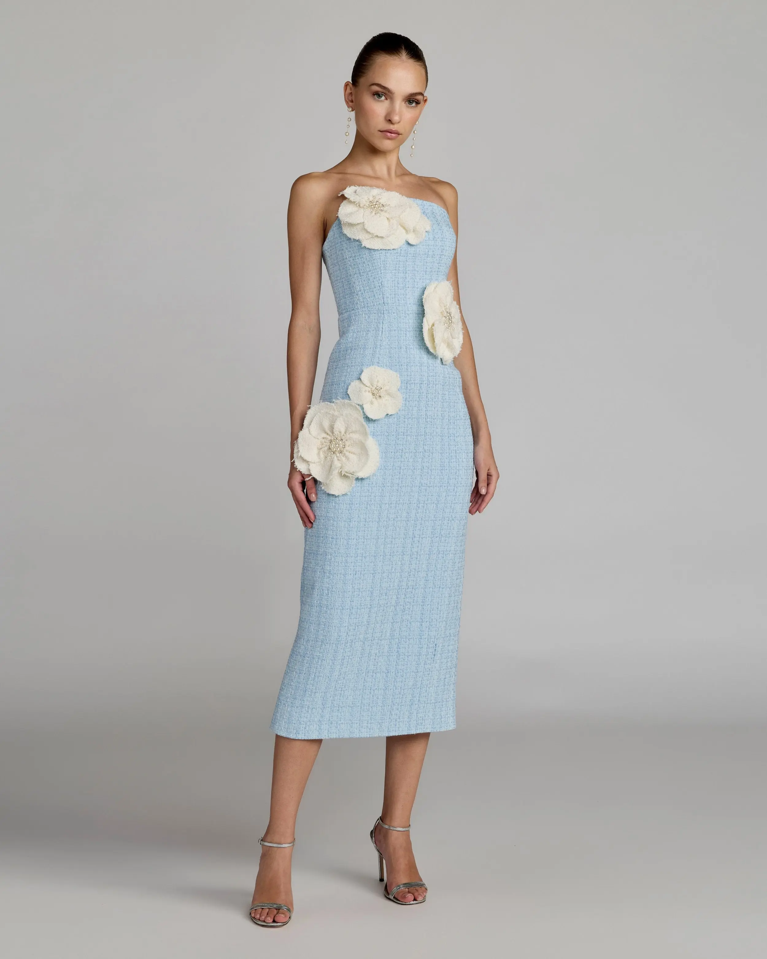 Blue Boucle Strapless 3D Floral Midi Dress