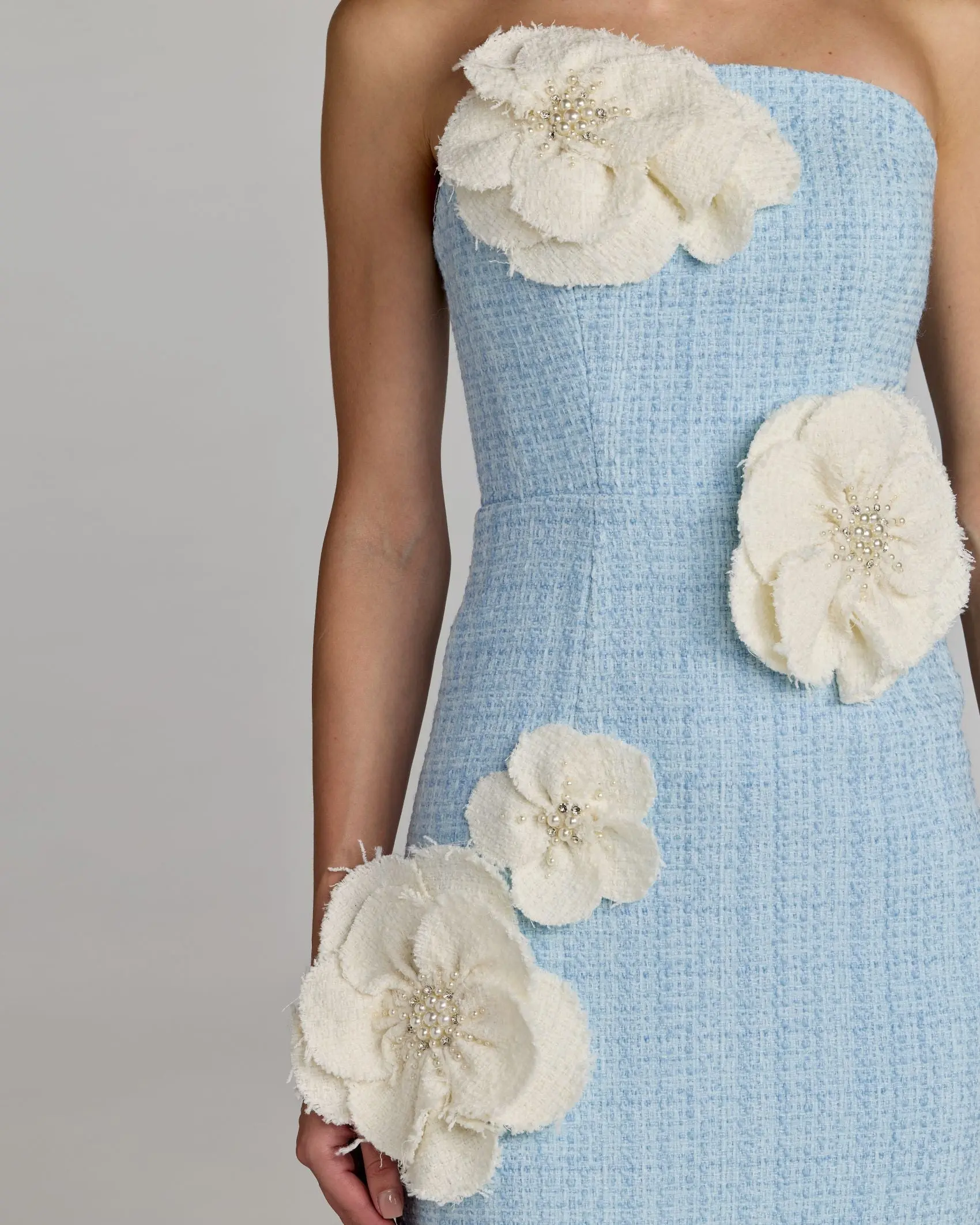 Blue Boucle Strapless 3D Floral Midi Dress - Image 2