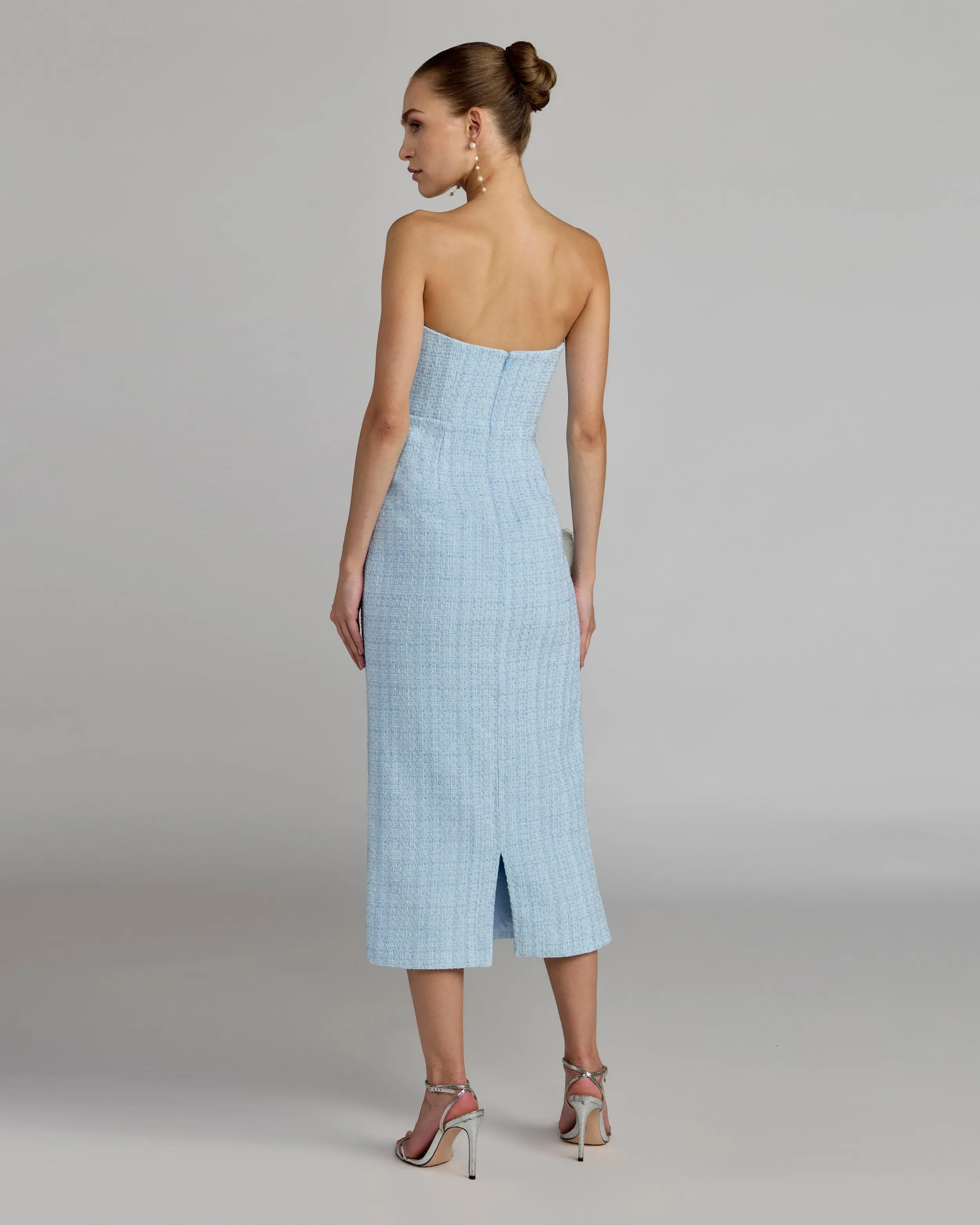 Blue Boucle Strapless 3D Floral Midi Dress - Image 3