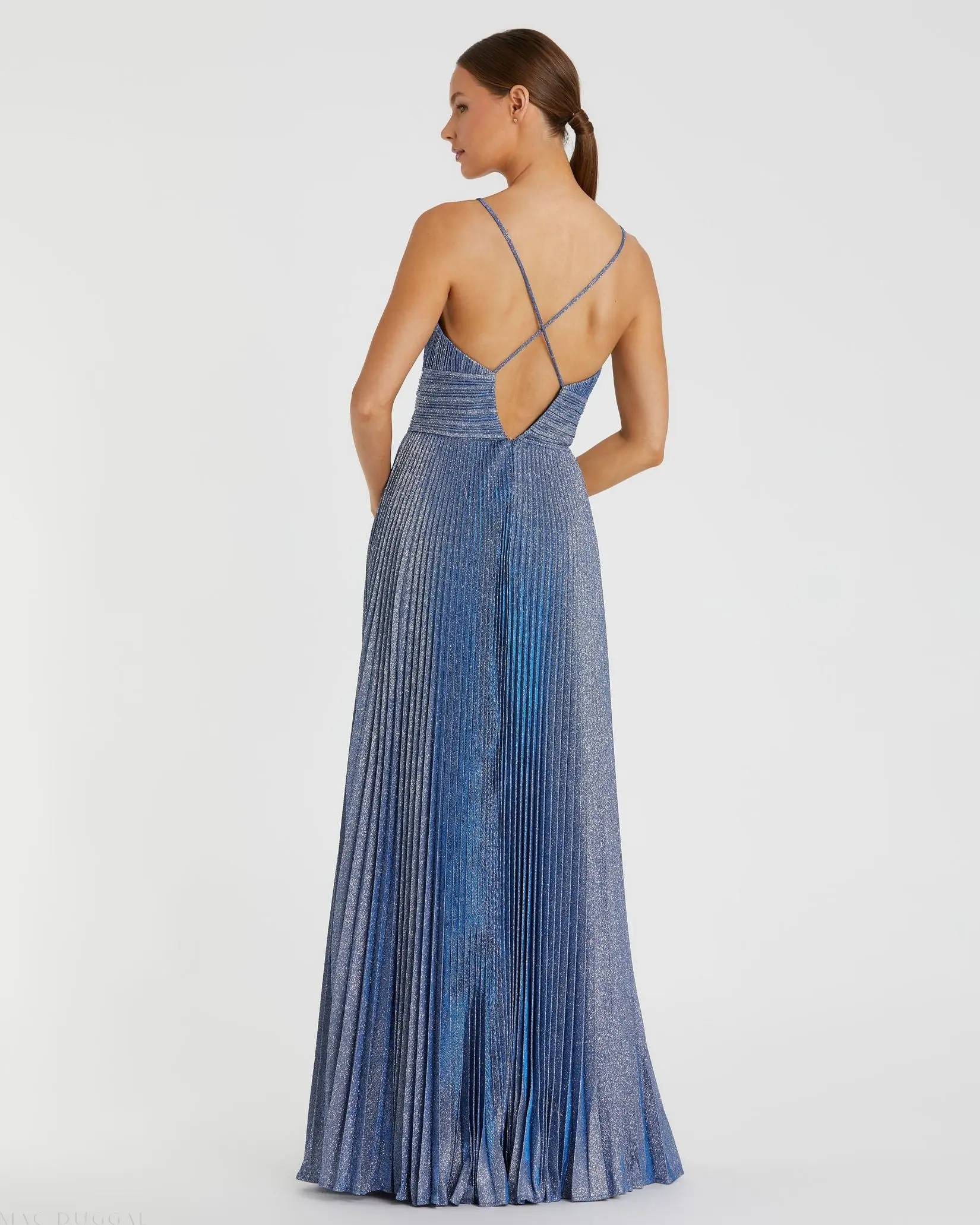 Blue Shimmer Pleated V-Neck Gown - FINAL SALE - Image 2