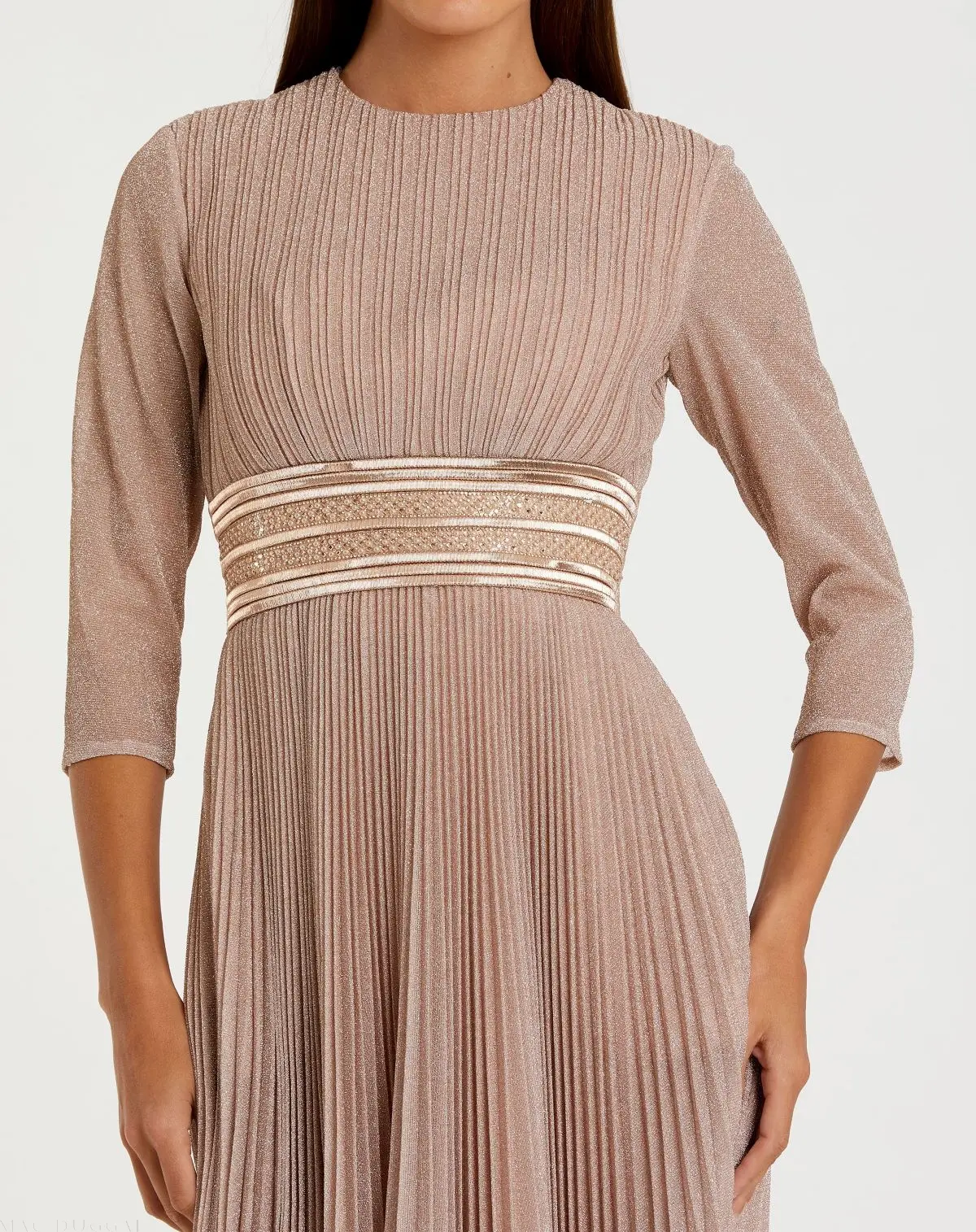 Pink Shimmering 3/4 Sleeve A-Line Midi Dress - Image 2
