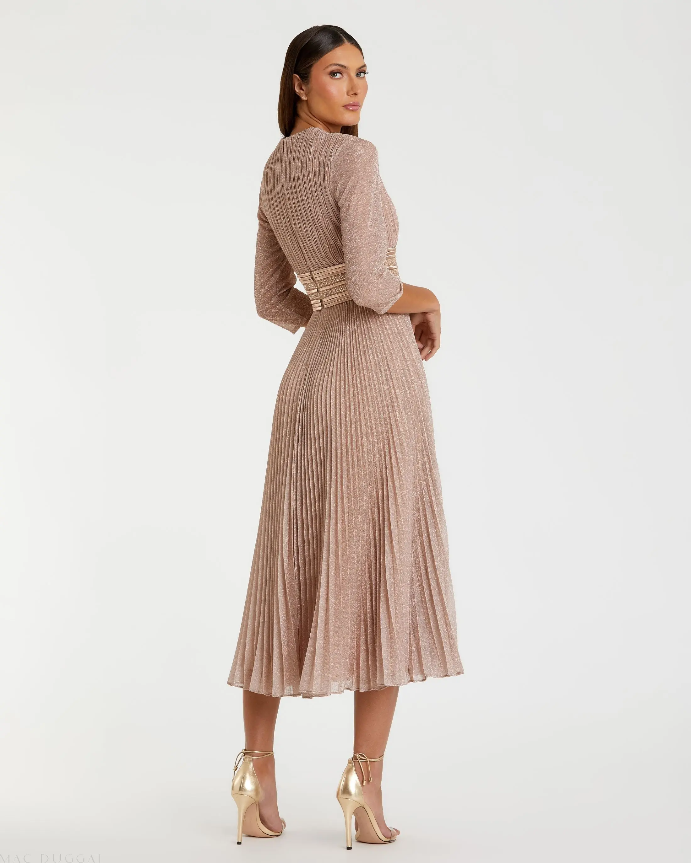 Pink Shimmering 3/4 Sleeve A-Line Midi Dress - Image 3