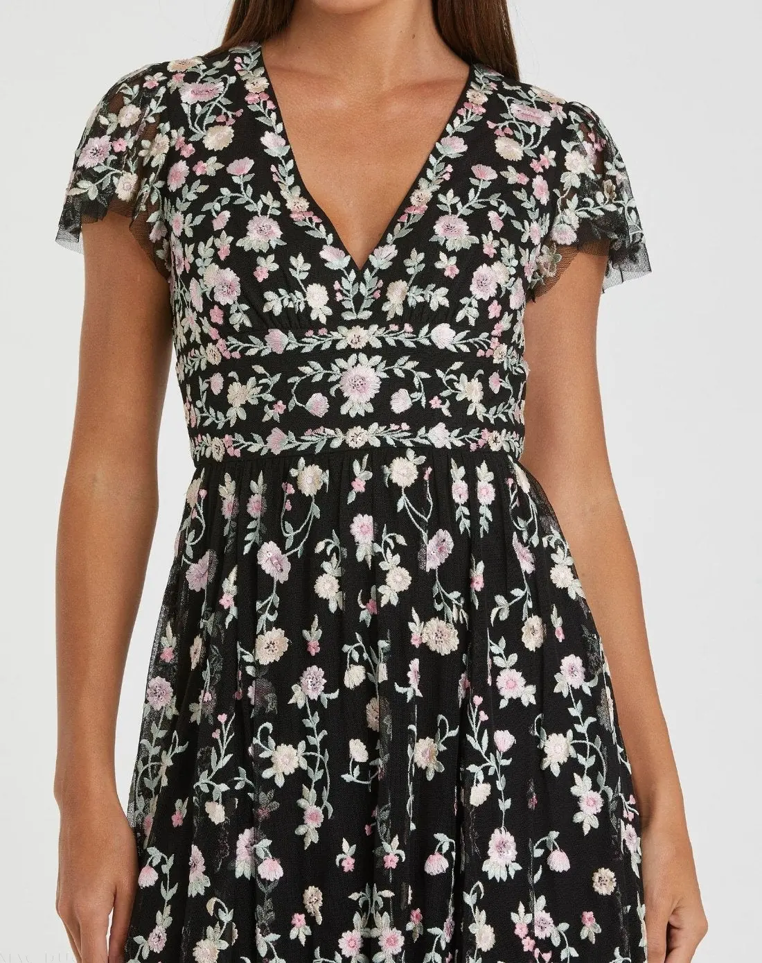 Black Multicolor Embroidered V Neck Cap Sleeve Midi Dress - Image 2
