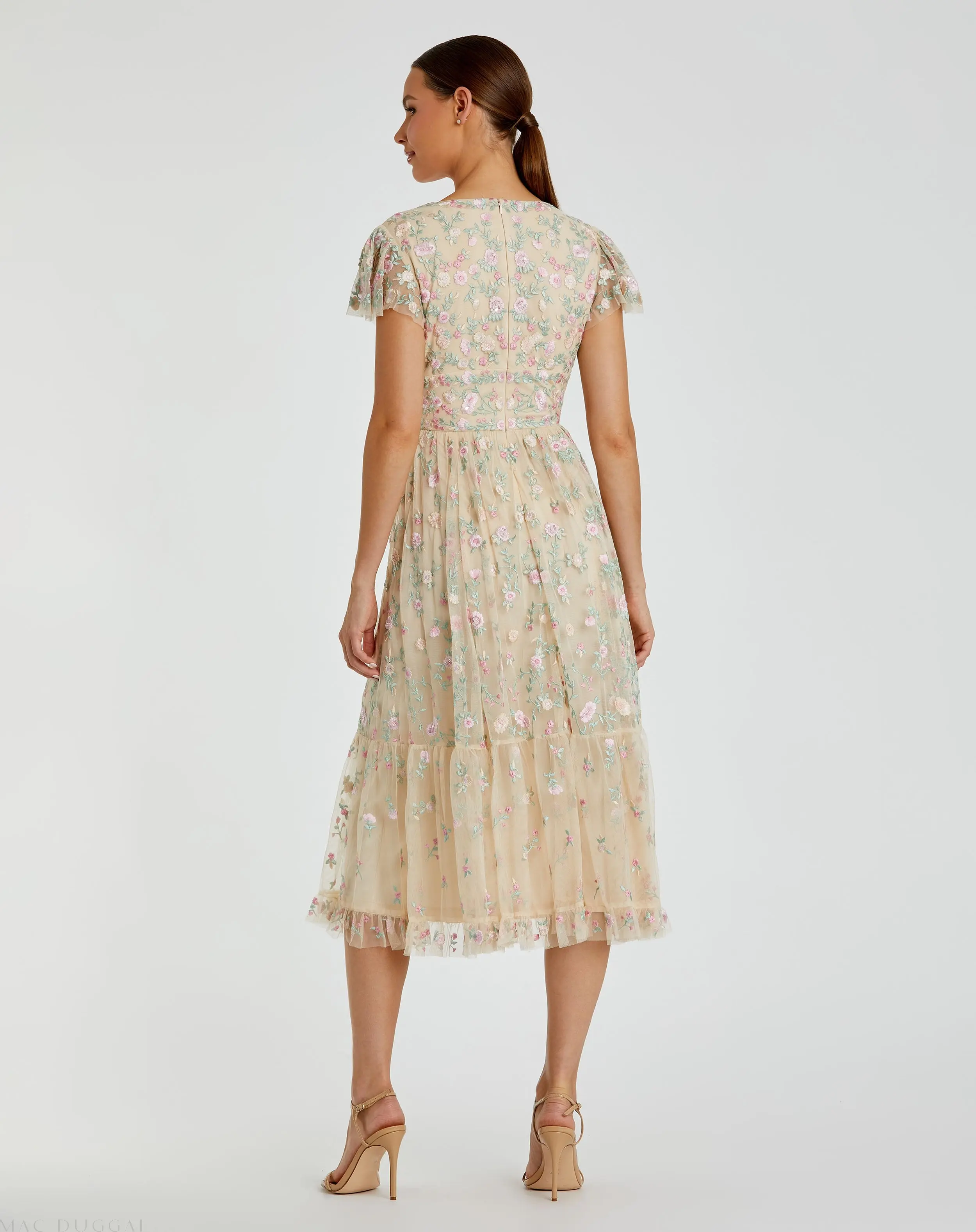 Beige Multicolor Embroidered V Neck Cap Sleeve Midi Dress - FINAL SALE - Image 3