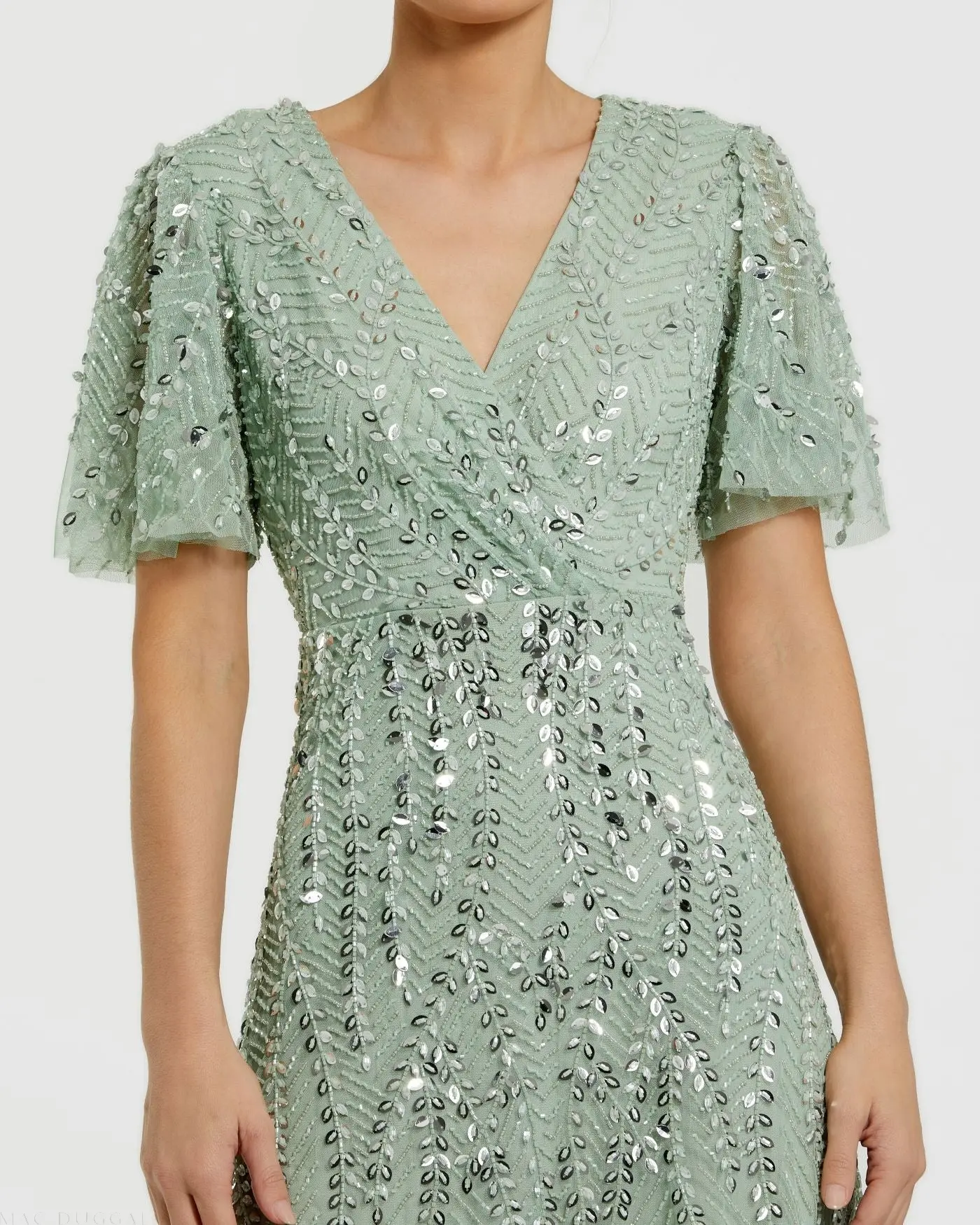 Green Beaded Wrap Over Butterfly Sleeve Column Gown - Image 2