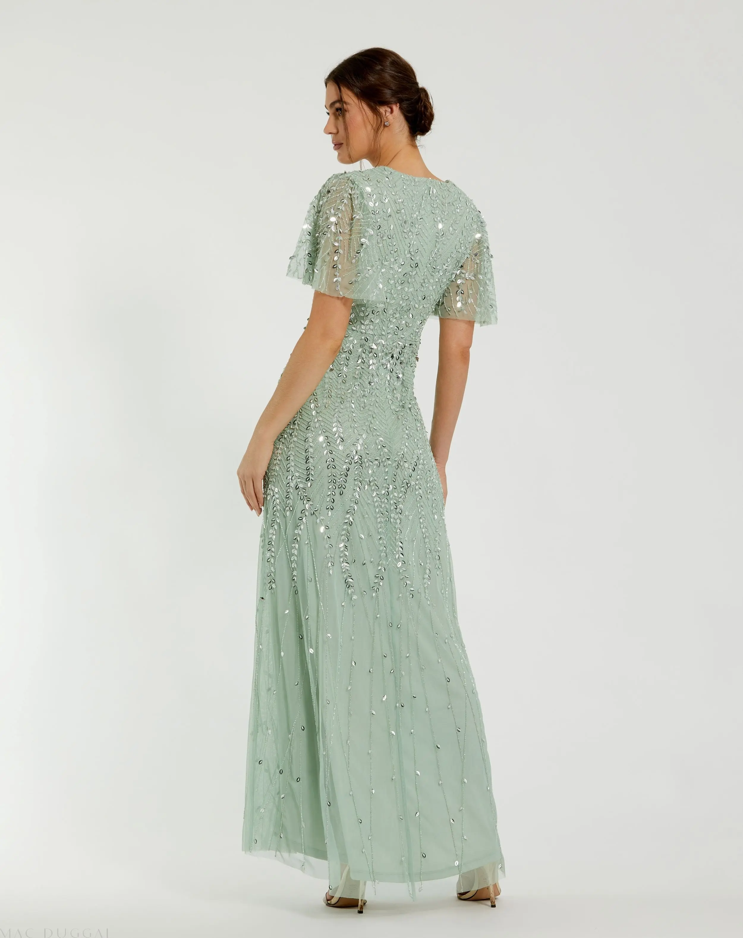 Green Beaded Wrap Over Butterfly Sleeve Column Gown - Image 3