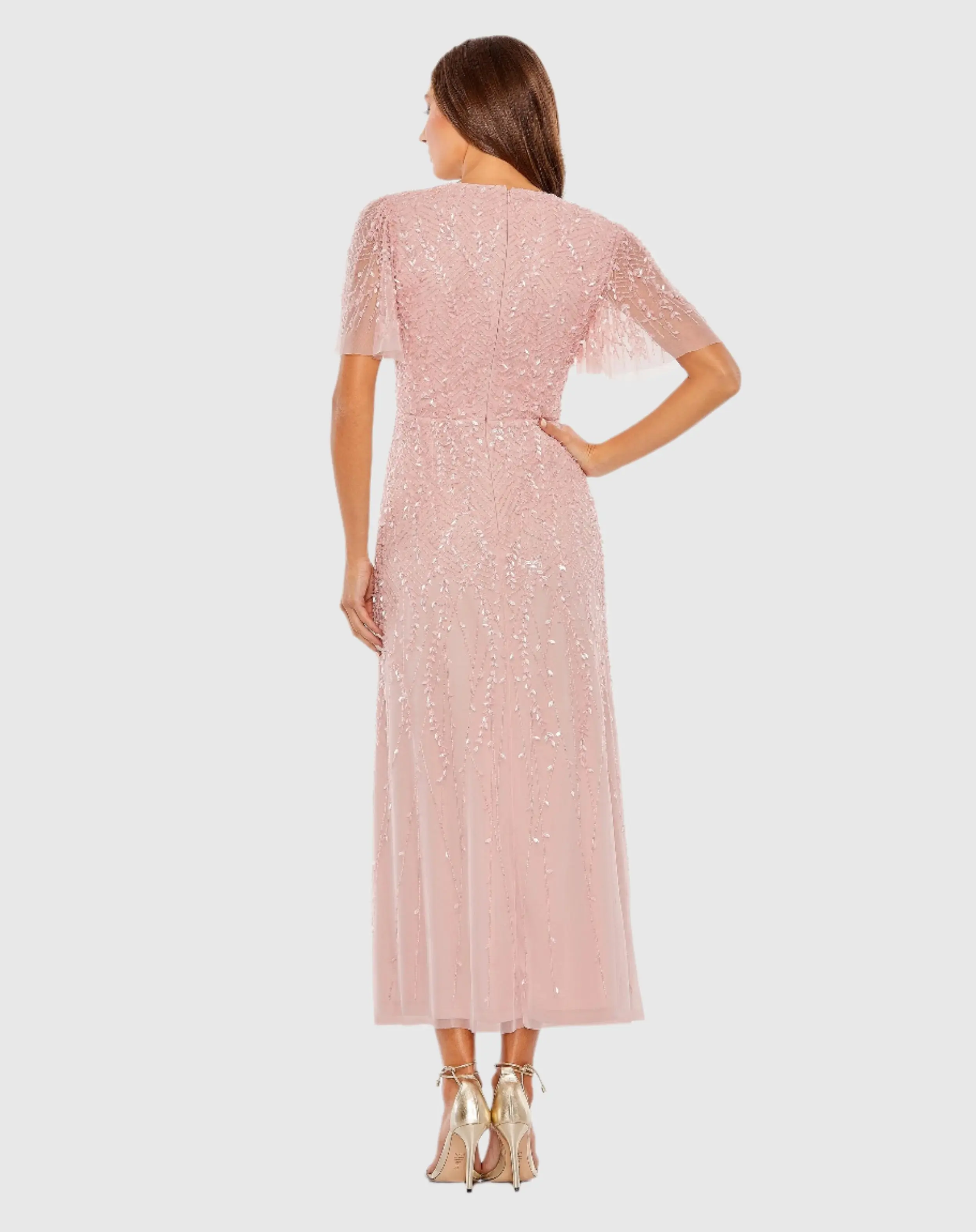 Pink Beaded Wrap Over Butterfly Sleeve Dress - Image 3