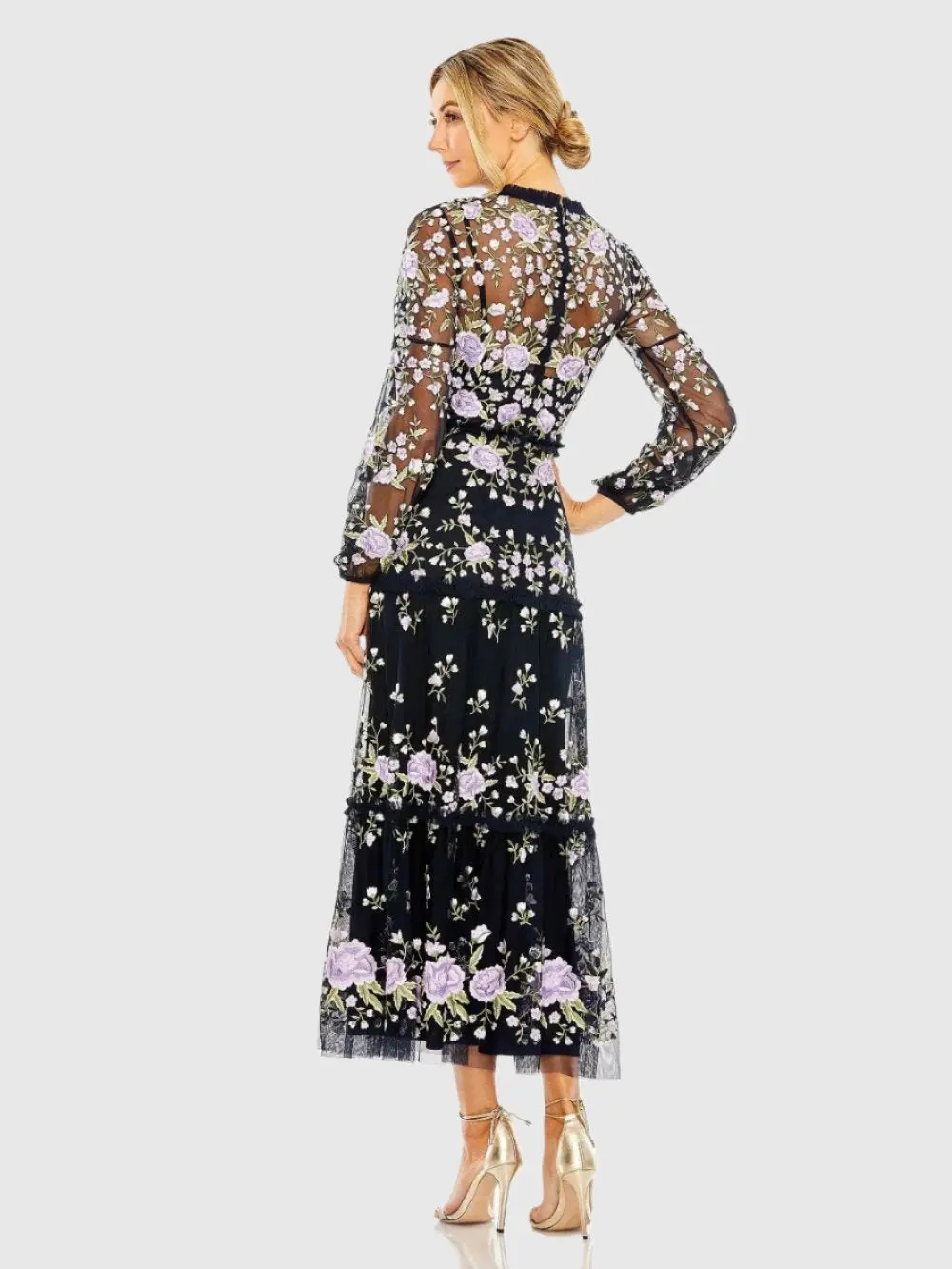 Navy Embroidered Puff Sleeve Tiered Dress - Image 3