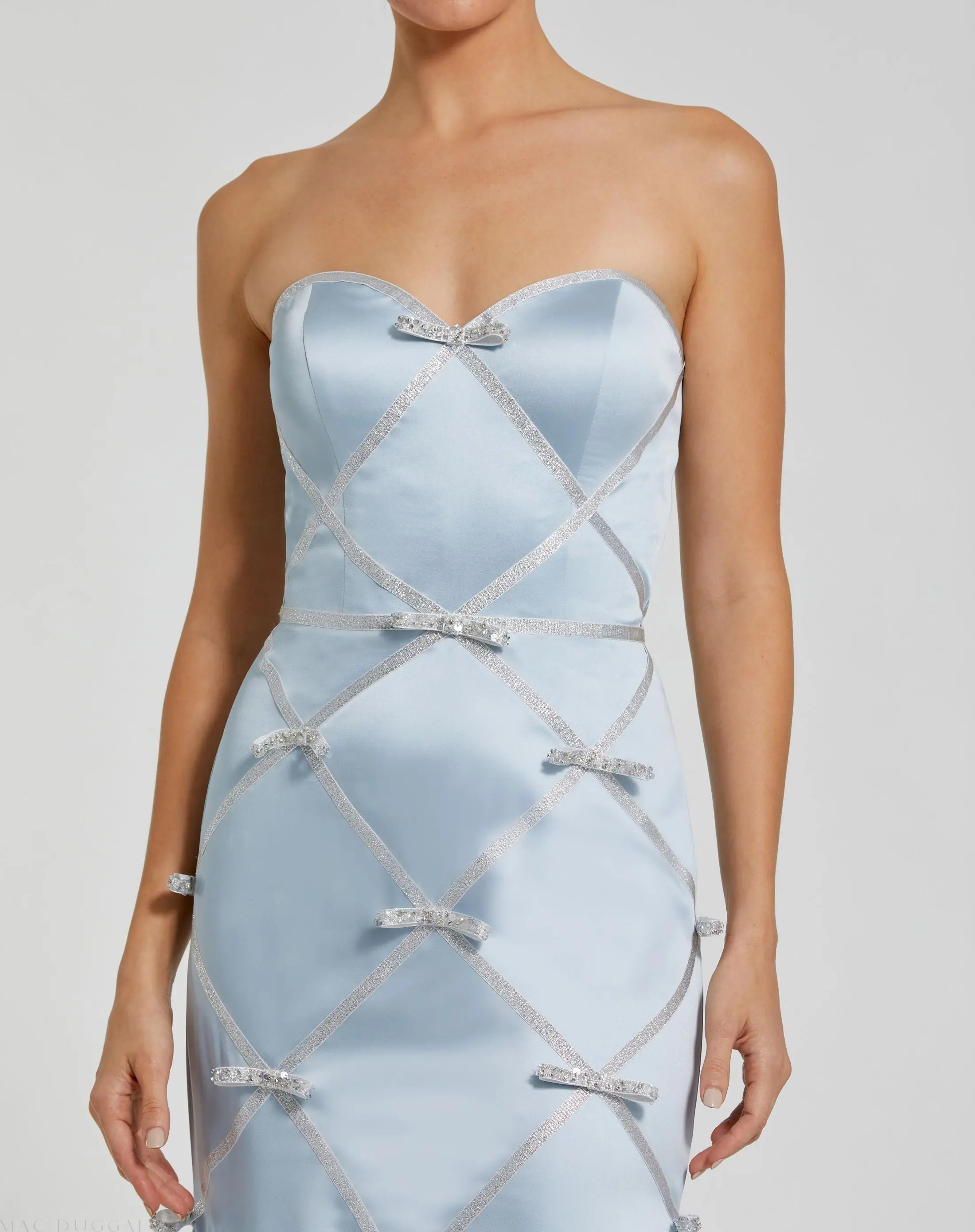 Blue Strapless Satin Trumpet Gown With Bow Details - Image 2