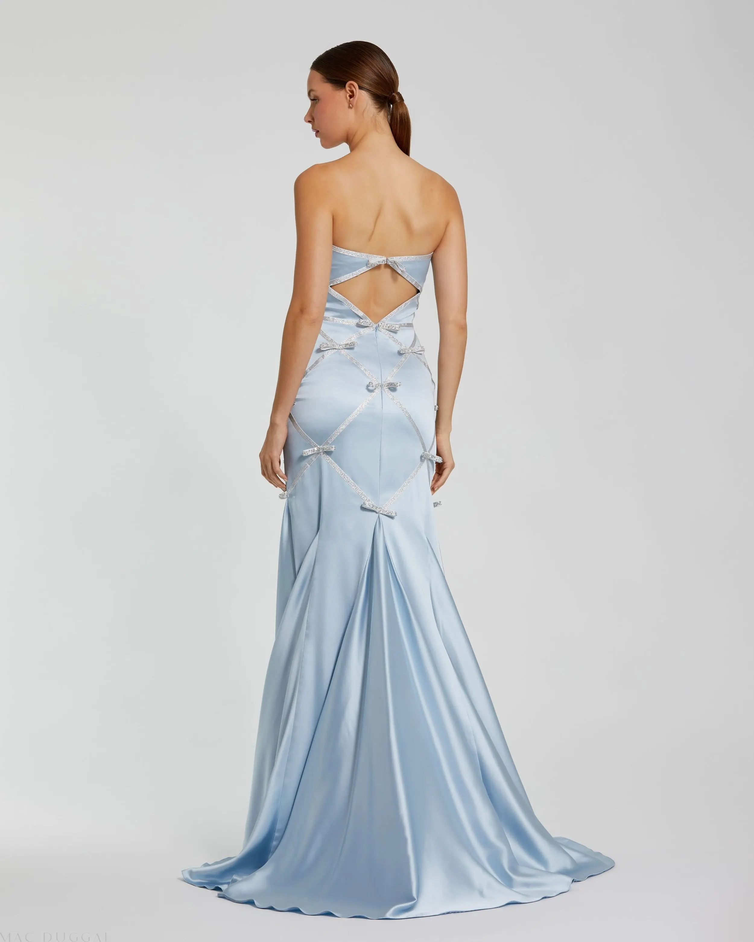 Blue Strapless Satin Trumpet Gown With Bow Details - Image 3