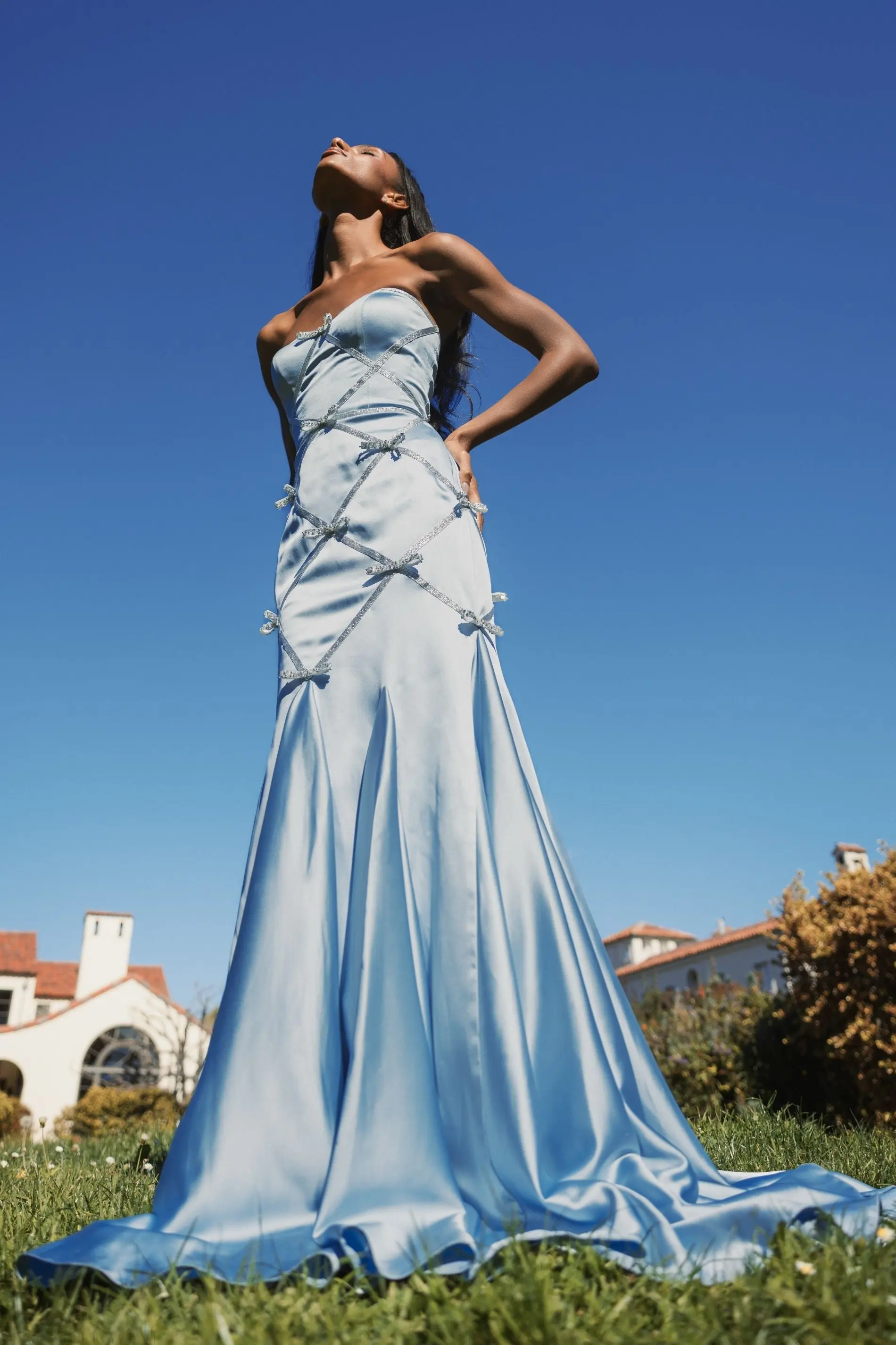 Blue Strapless Satin Trumpet Gown With Bow Details - Image 6