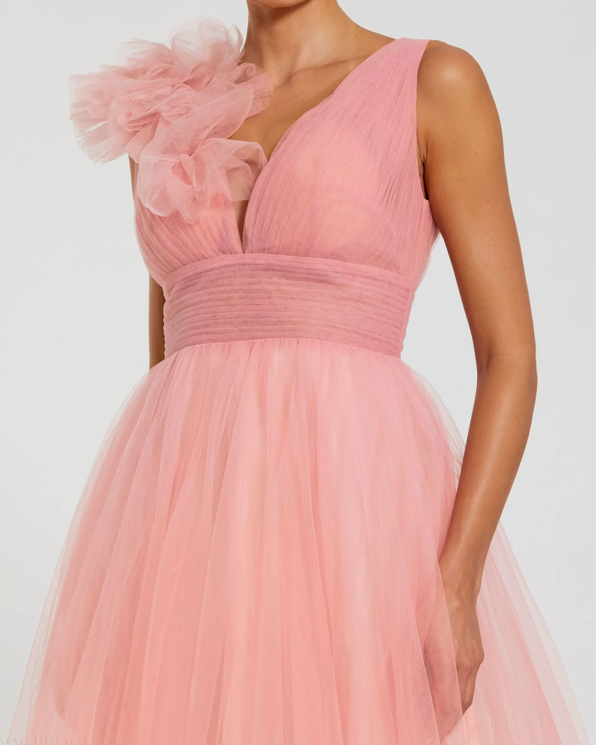 Pink Ruffle Shoulder V Neck Ombre Tulle Ball Gown - Image 2