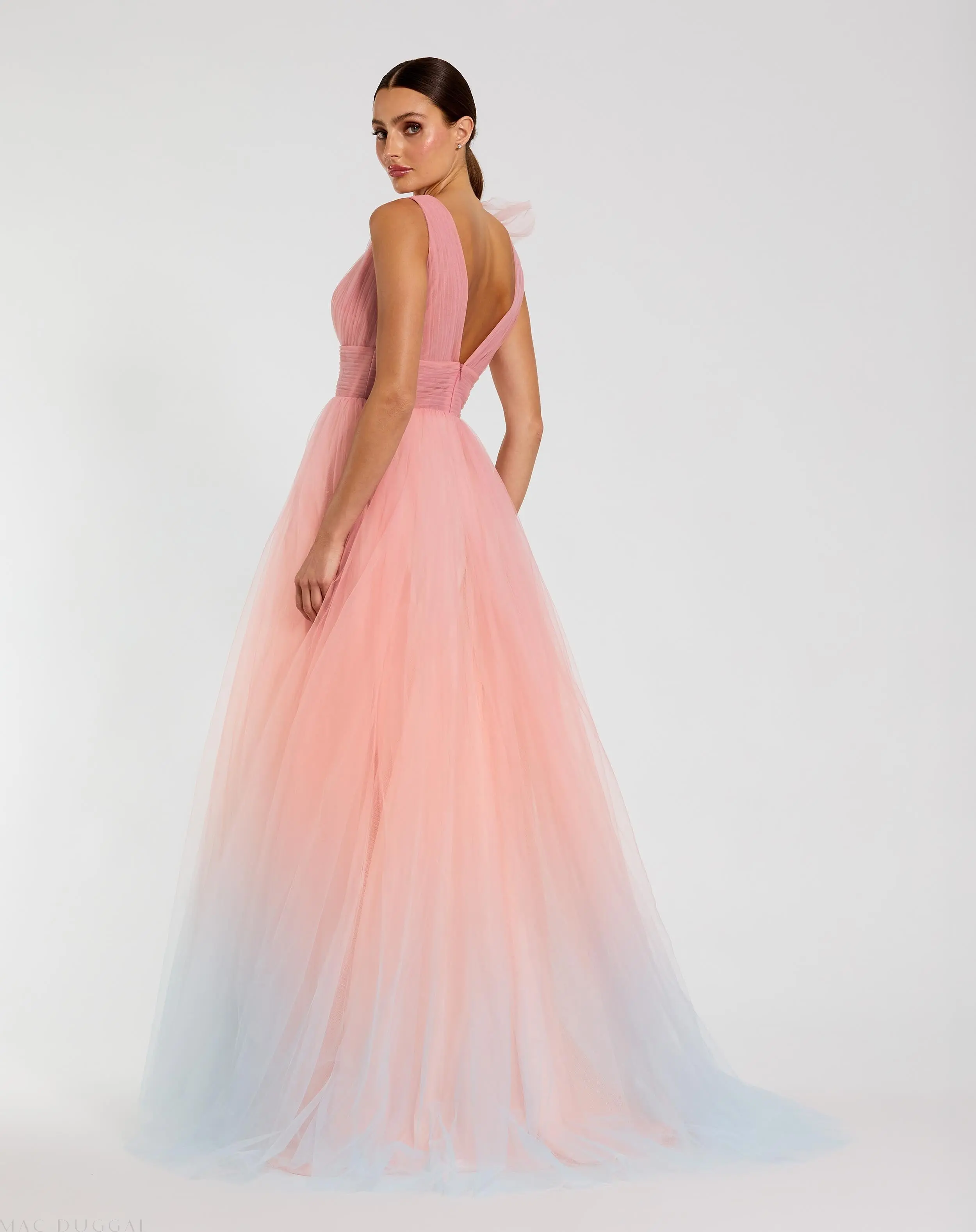 Pink Ruffle Shoulder V Neck Ombre Tulle Ball Gown - Image 3