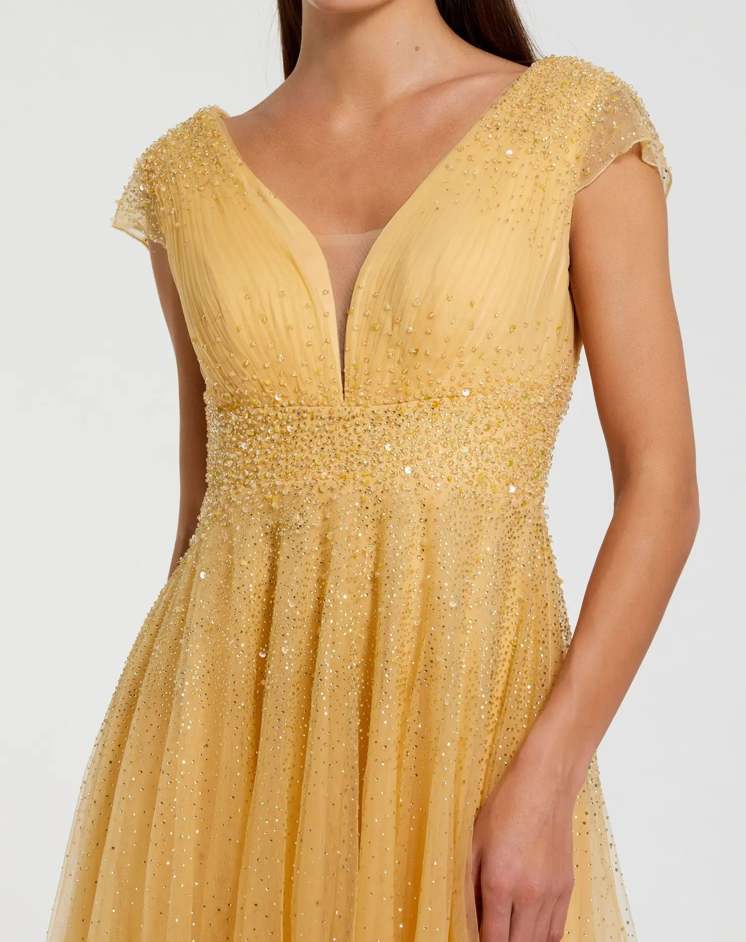 Yellow Embellished Cap Sleeve V Neck Tulle Gown - Image 2