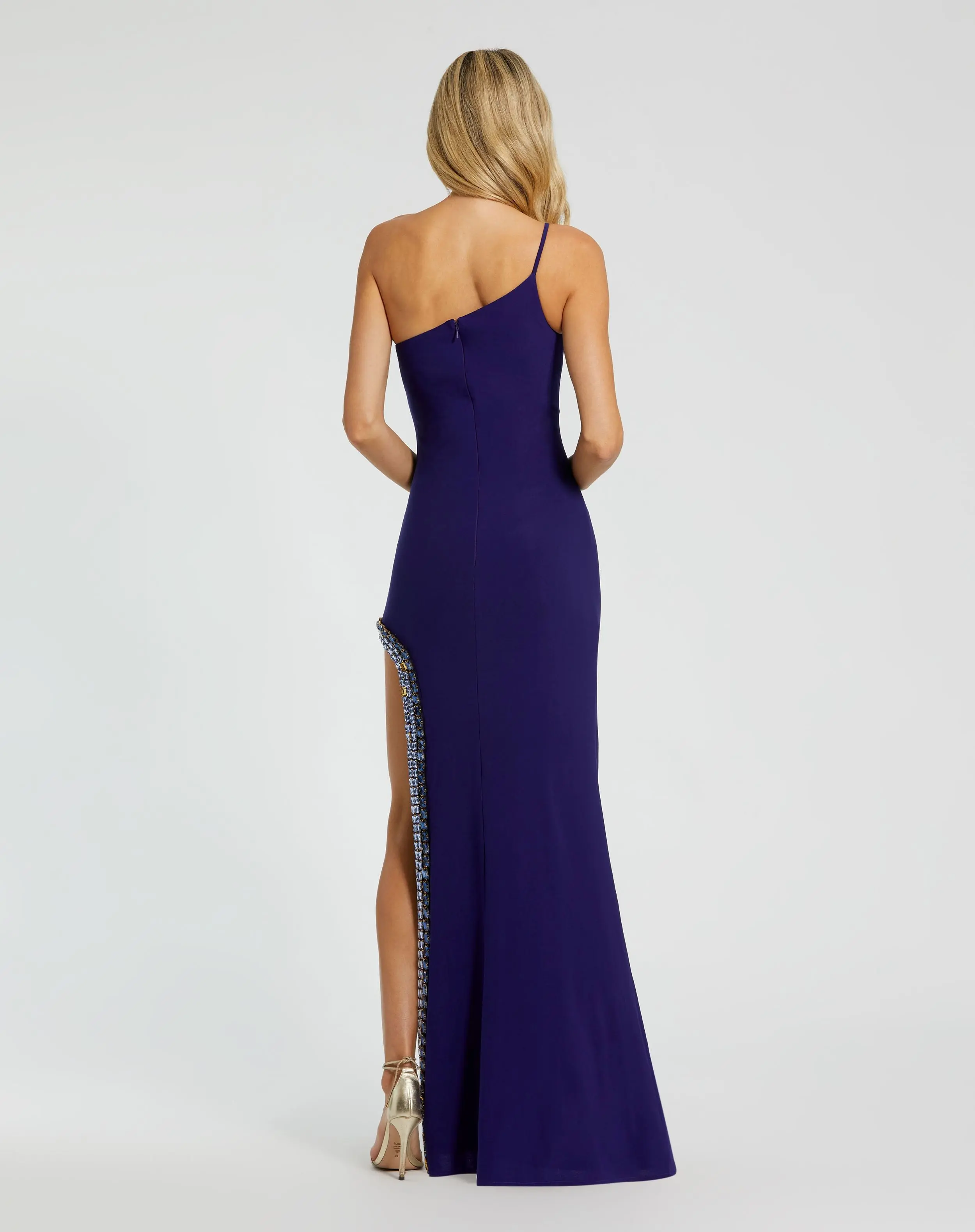 Blue One Shoulder Gown with Embellished Slit - Image 3