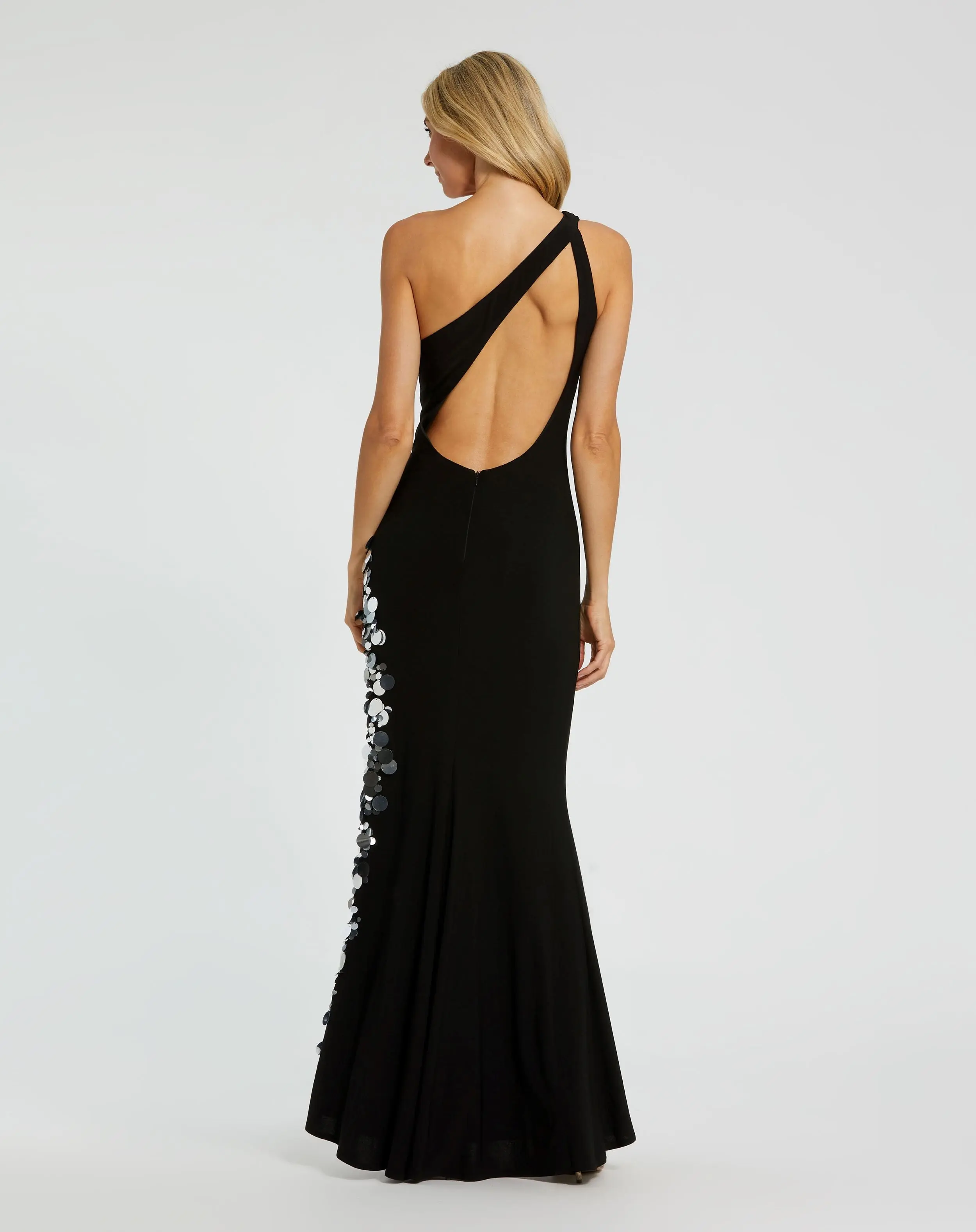 Black One Shoulder Keyhole Gown with Embellished Slit - Image 3