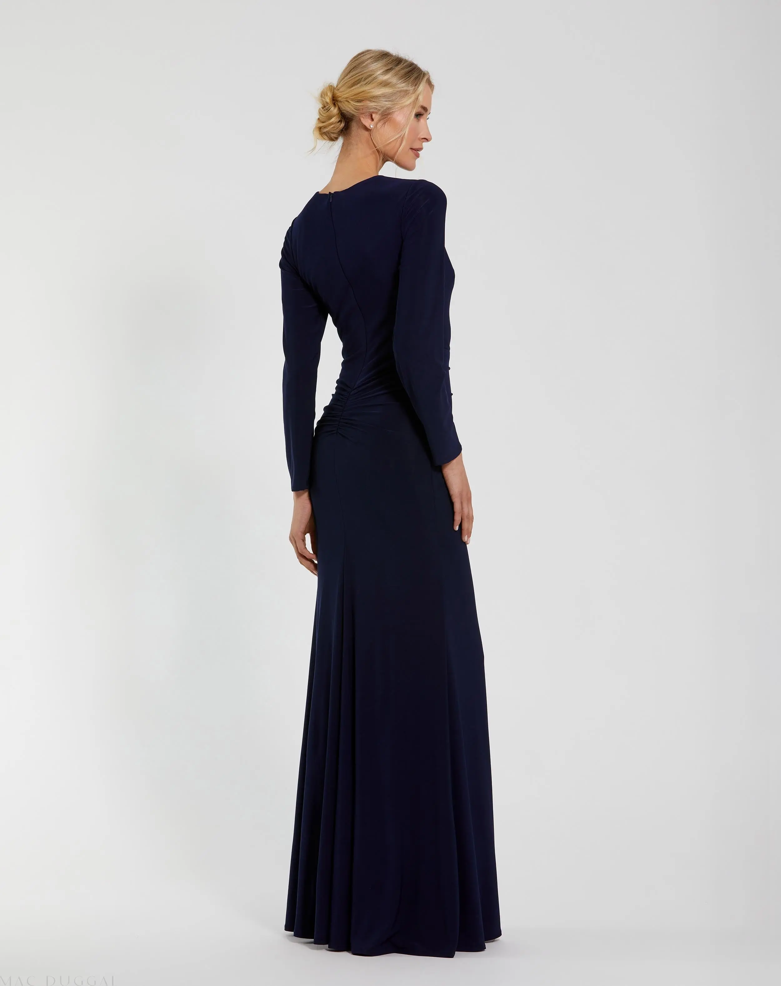 Navy Long Sleeve Fitted Jersey Gown With Ruched Waist - Image 3