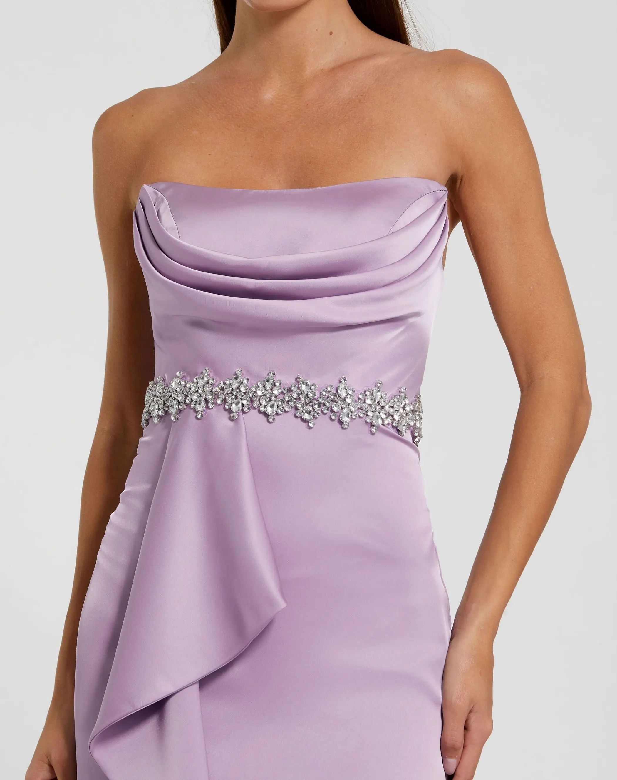 Purple Strapless Satin Gown With Embellished Belt Detail - Image 2