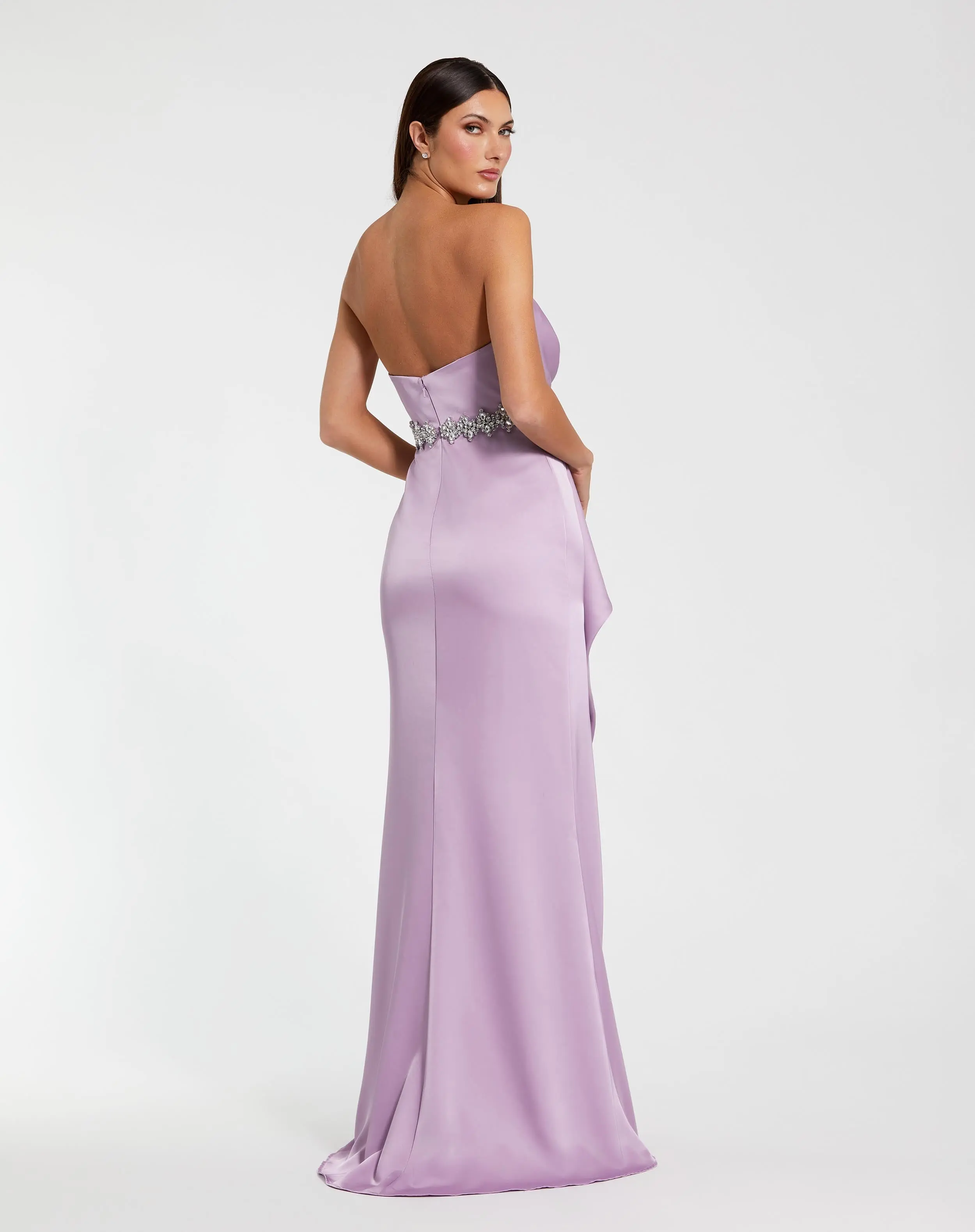 Purple Strapless Satin Gown With Embellished Belt Detail - Image 3