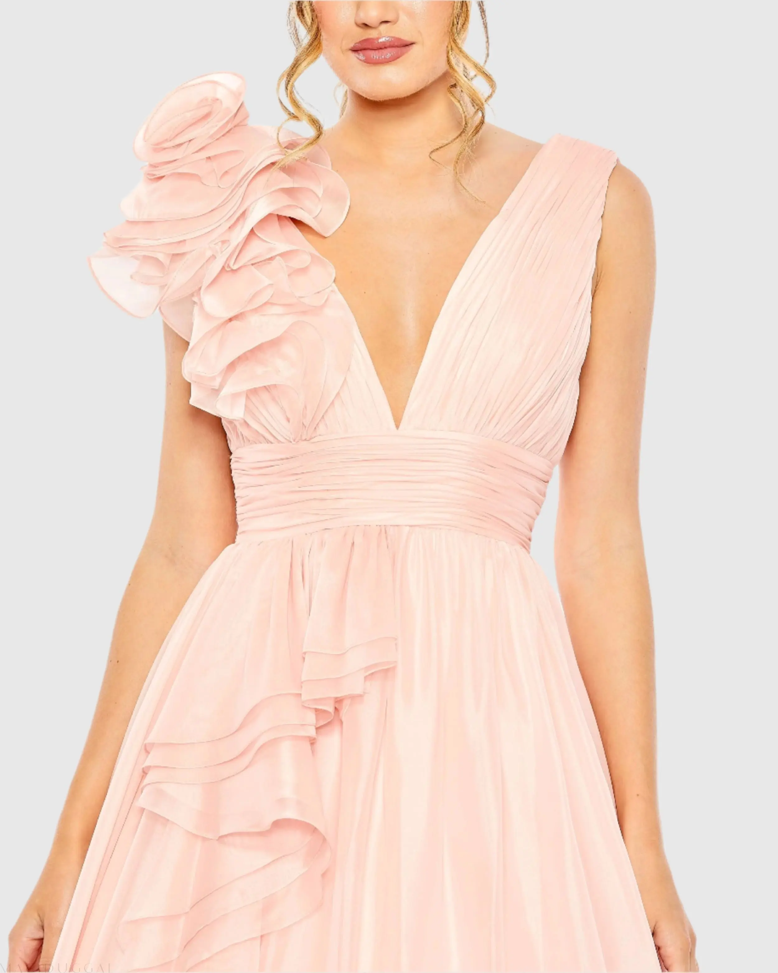 Light Pink Ruffle Shoulder V-Neck Chiffon Gown - Image 2