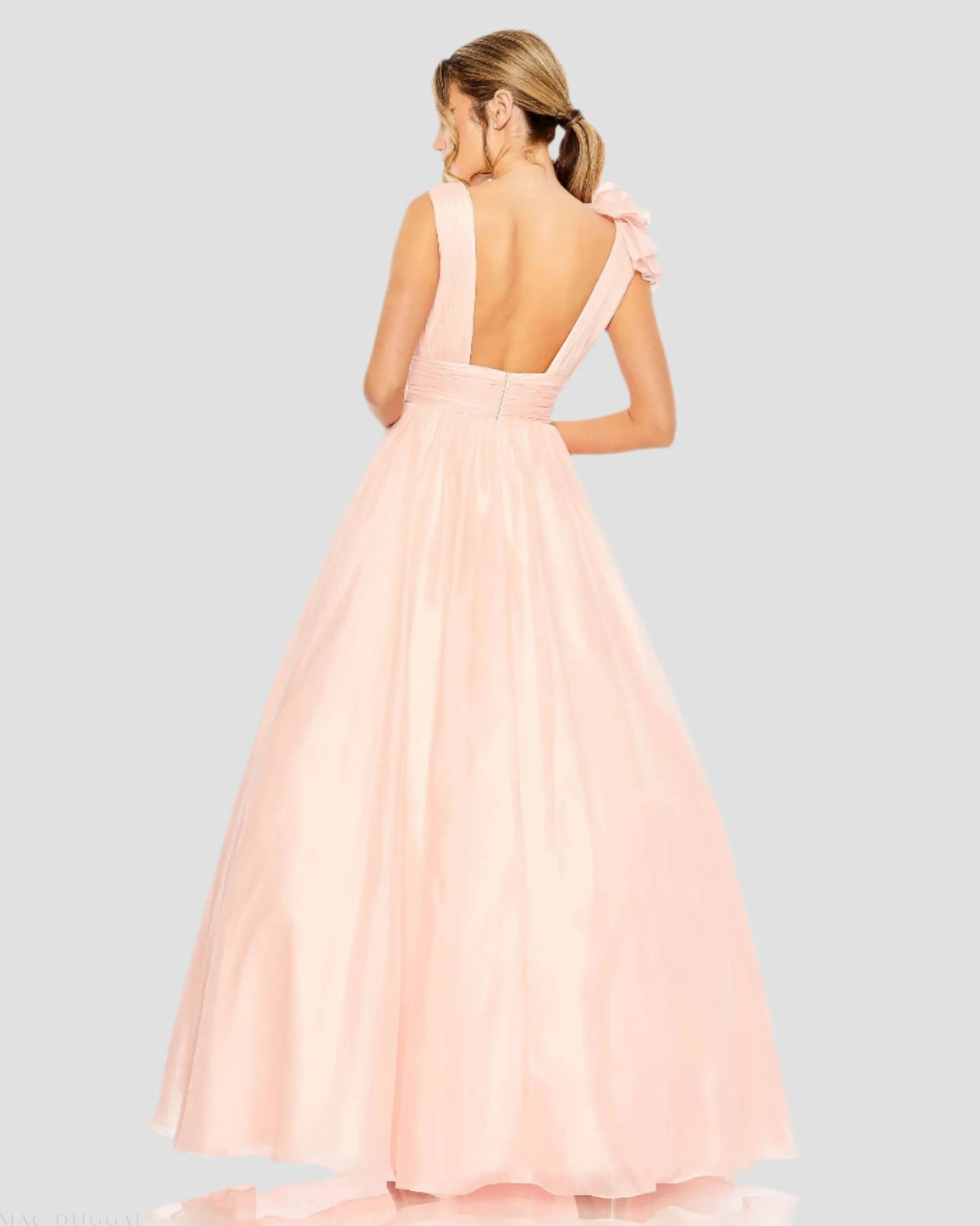 Light Pink Ruffle Shoulder V-Neck Chiffon Gown - Image 3