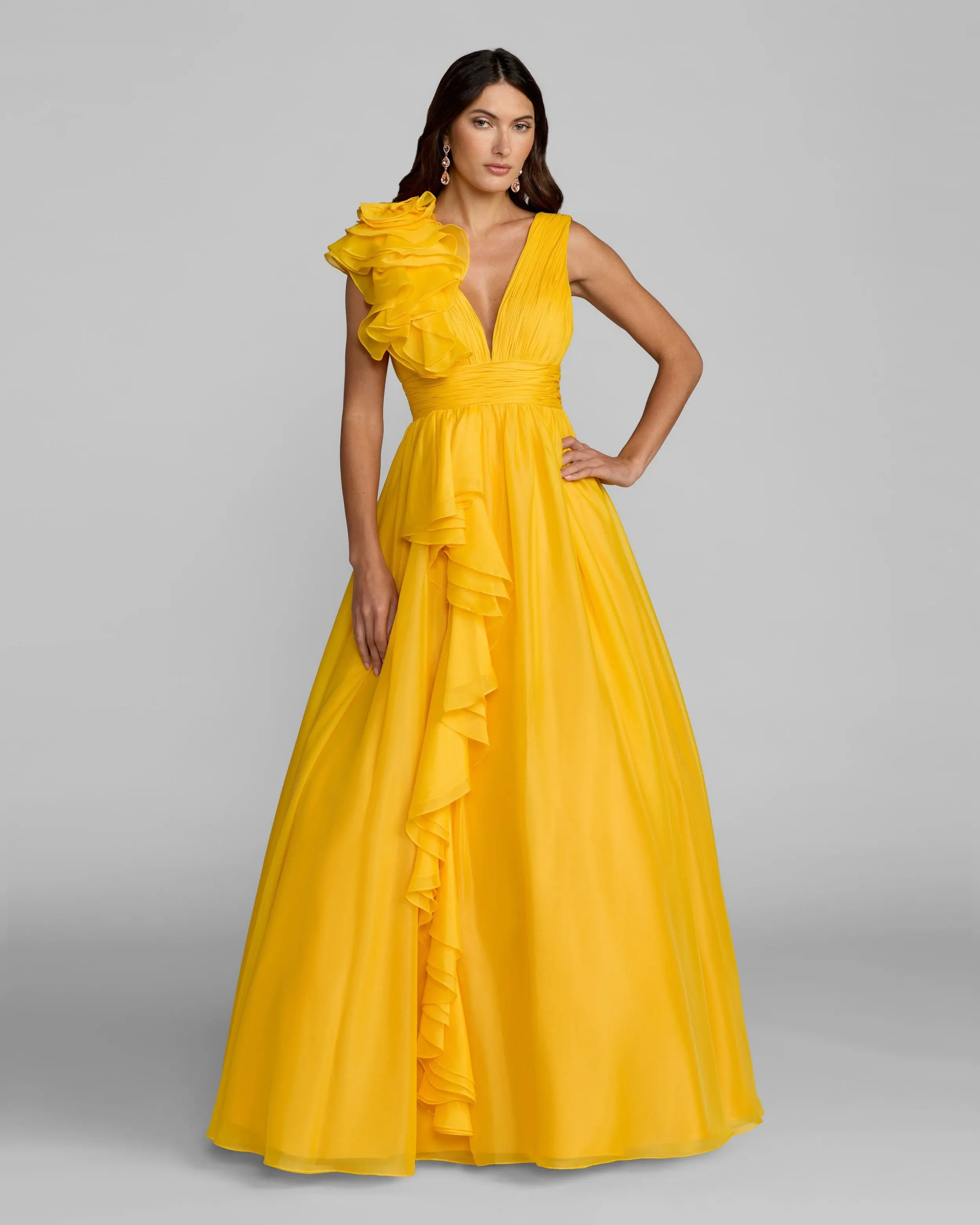 Yellow Ruffle Shoulder V-Neck Chiffon Gown