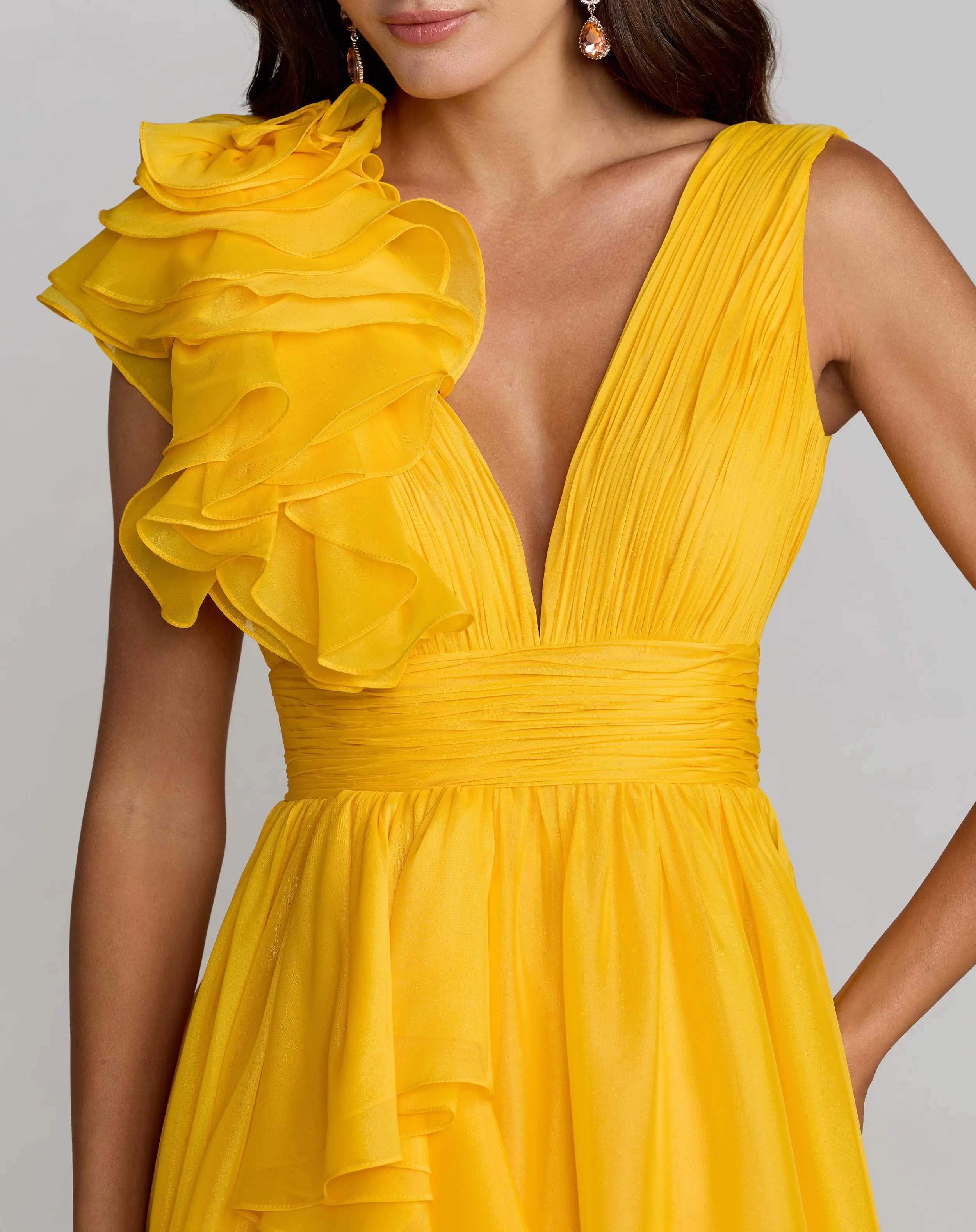 Yellow Ruffle Shoulder V-Neck Chiffon Gown - Image 2