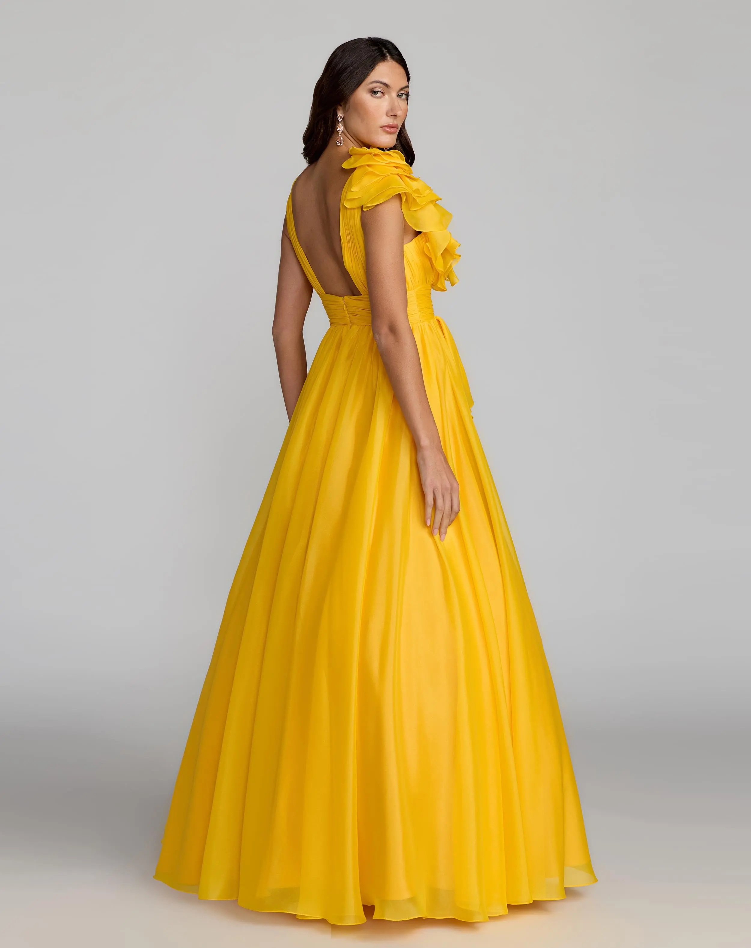 Yellow Ruffle Shoulder V-Neck Chiffon Gown - Image 3