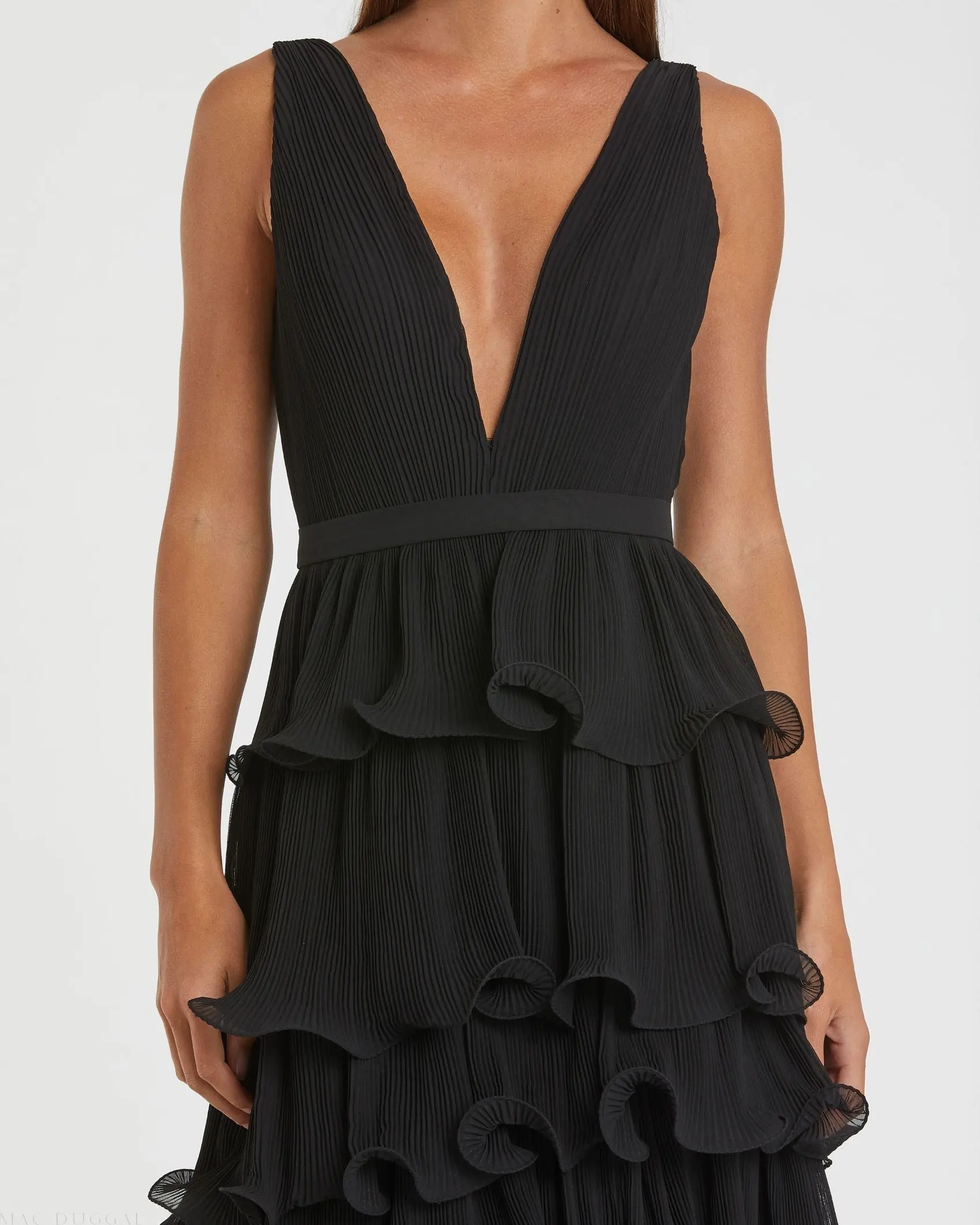 Black Sleeveless Ruffle Tiered V Neck Gown - Image 2