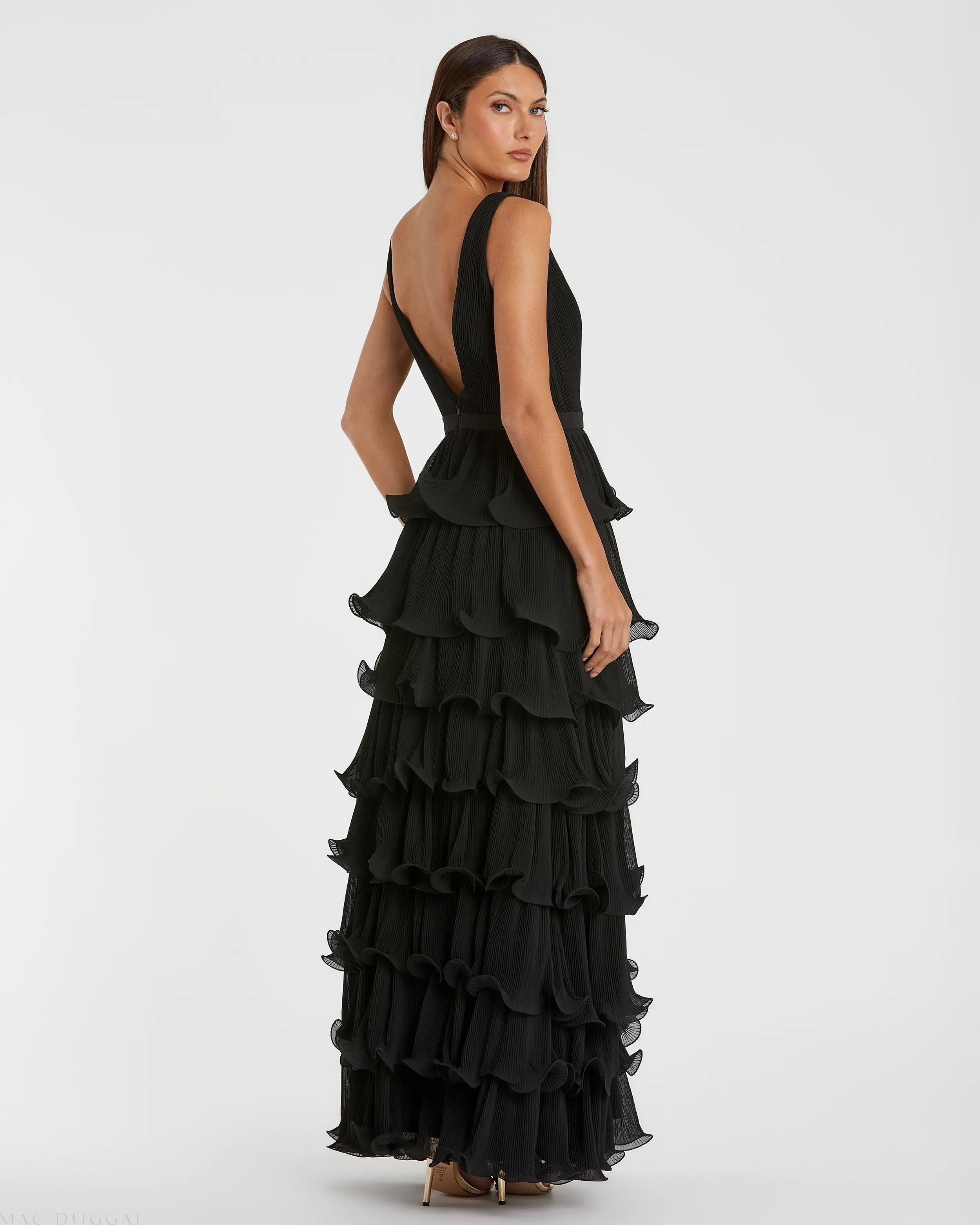 Black Sleeveless Ruffle Tiered V Neck Gown - Image 3