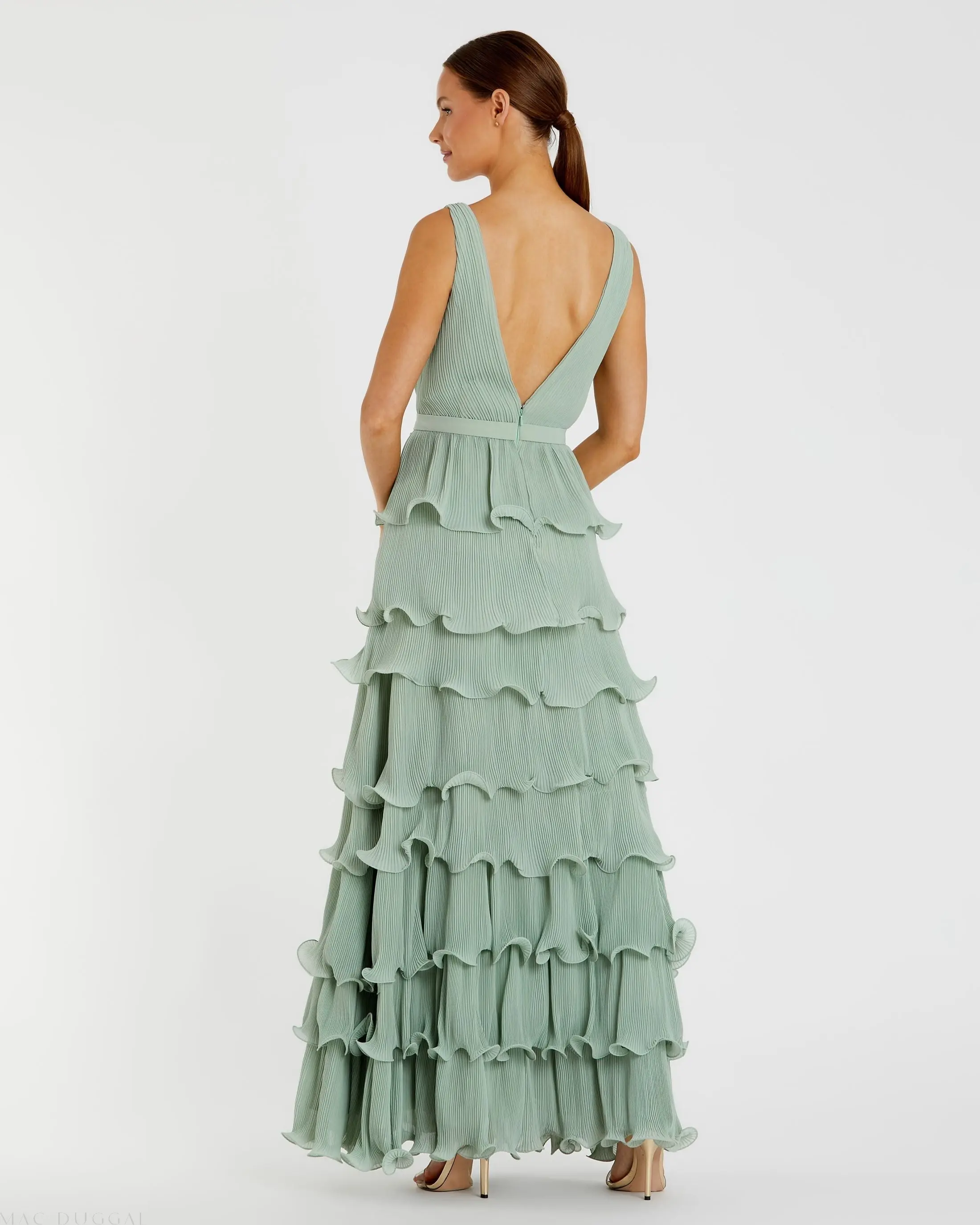 Green Sleeveless Ruffle Tiered V Neck Gown - Image 3