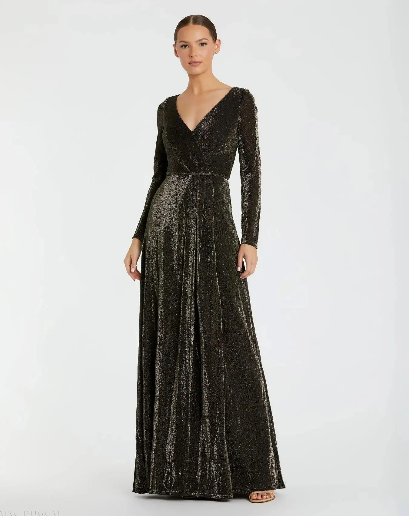 Black Long Sleeve Faux Wrap A Line Gown - FINAL SALE