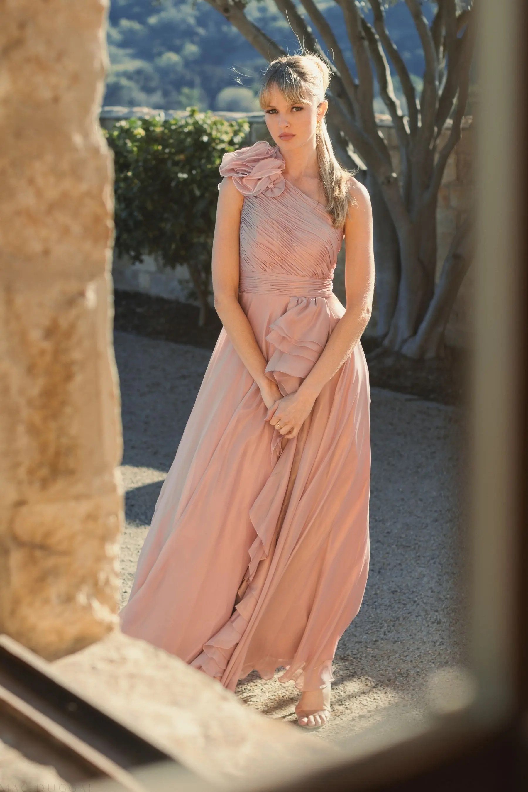 Pink Iridescent One Shoulder Rosette Ball Gown - Image 6