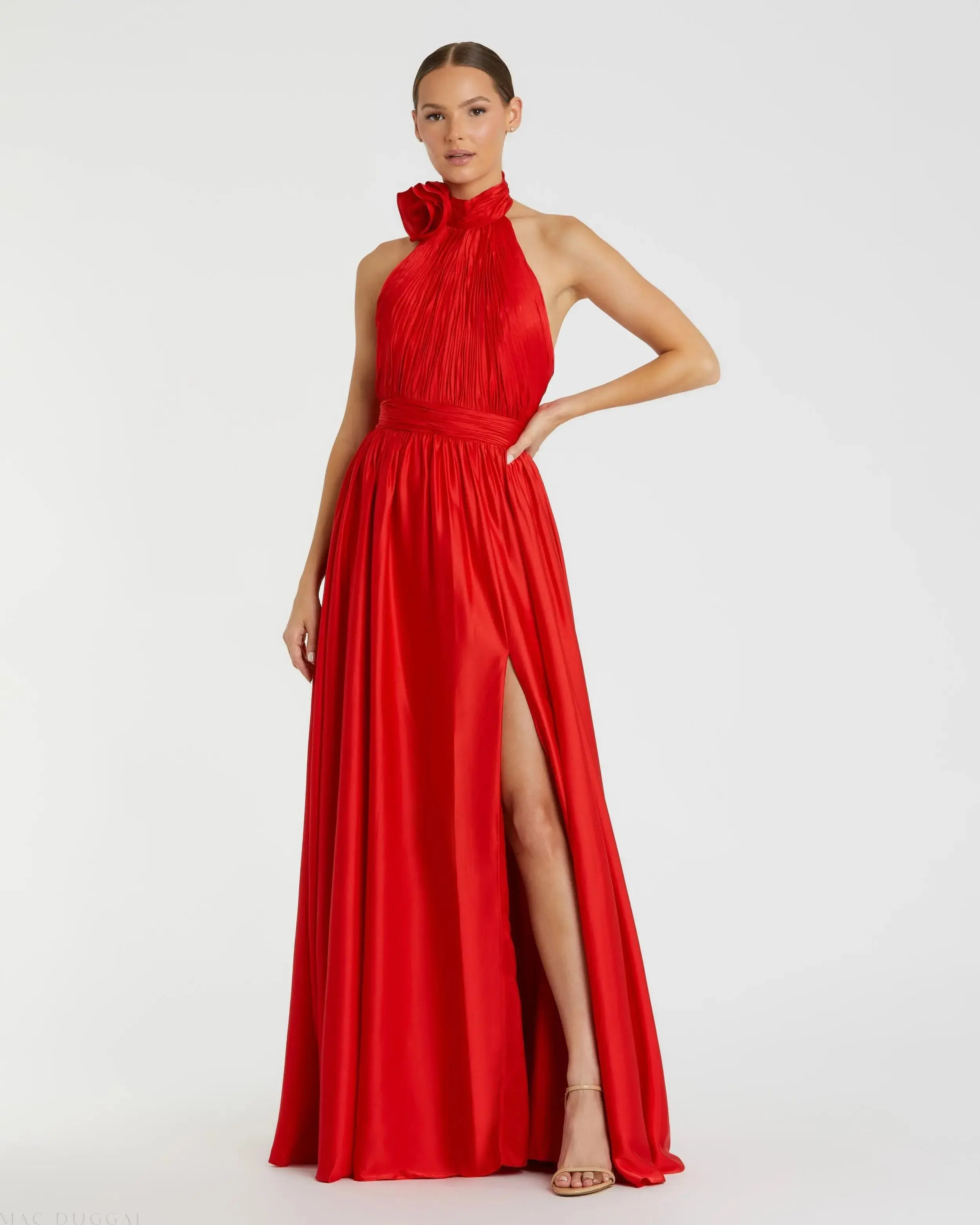 Red Halter Neck Open Back Satin Gown With Slit