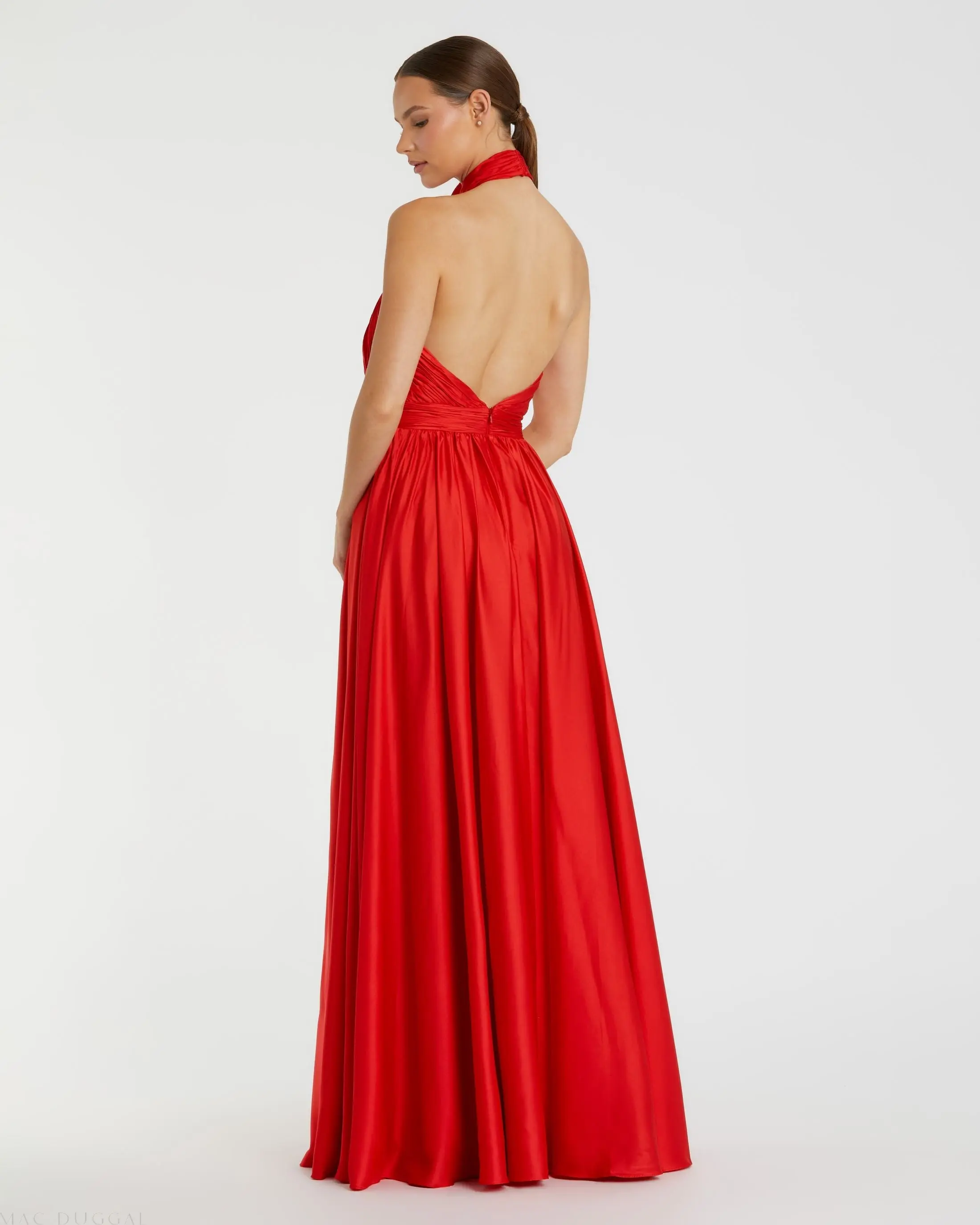 Red Halter Neck Open Back Satin Gown With Slit - Image 2