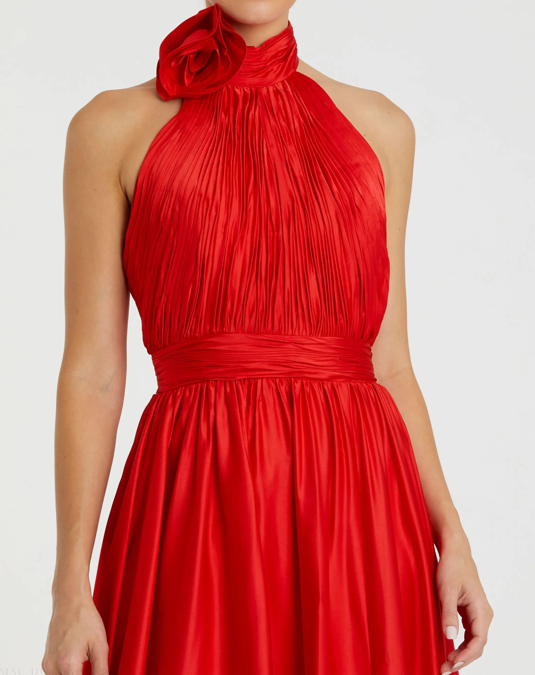 Red Halter Neck Open Back Satin Gown With Slit - Image 3