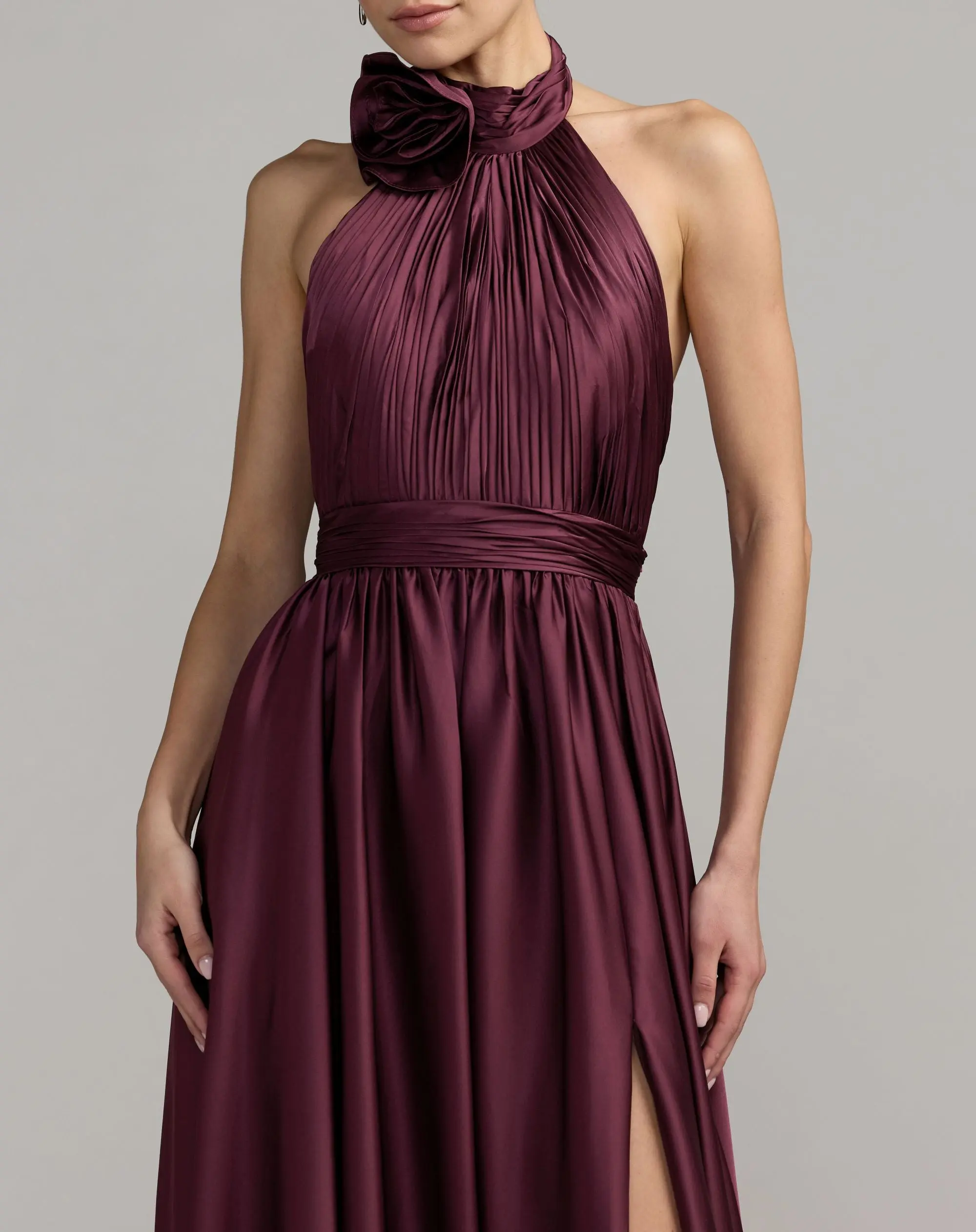 Purple Halter Neck Open Back Satin Gown With Slit - Image 3