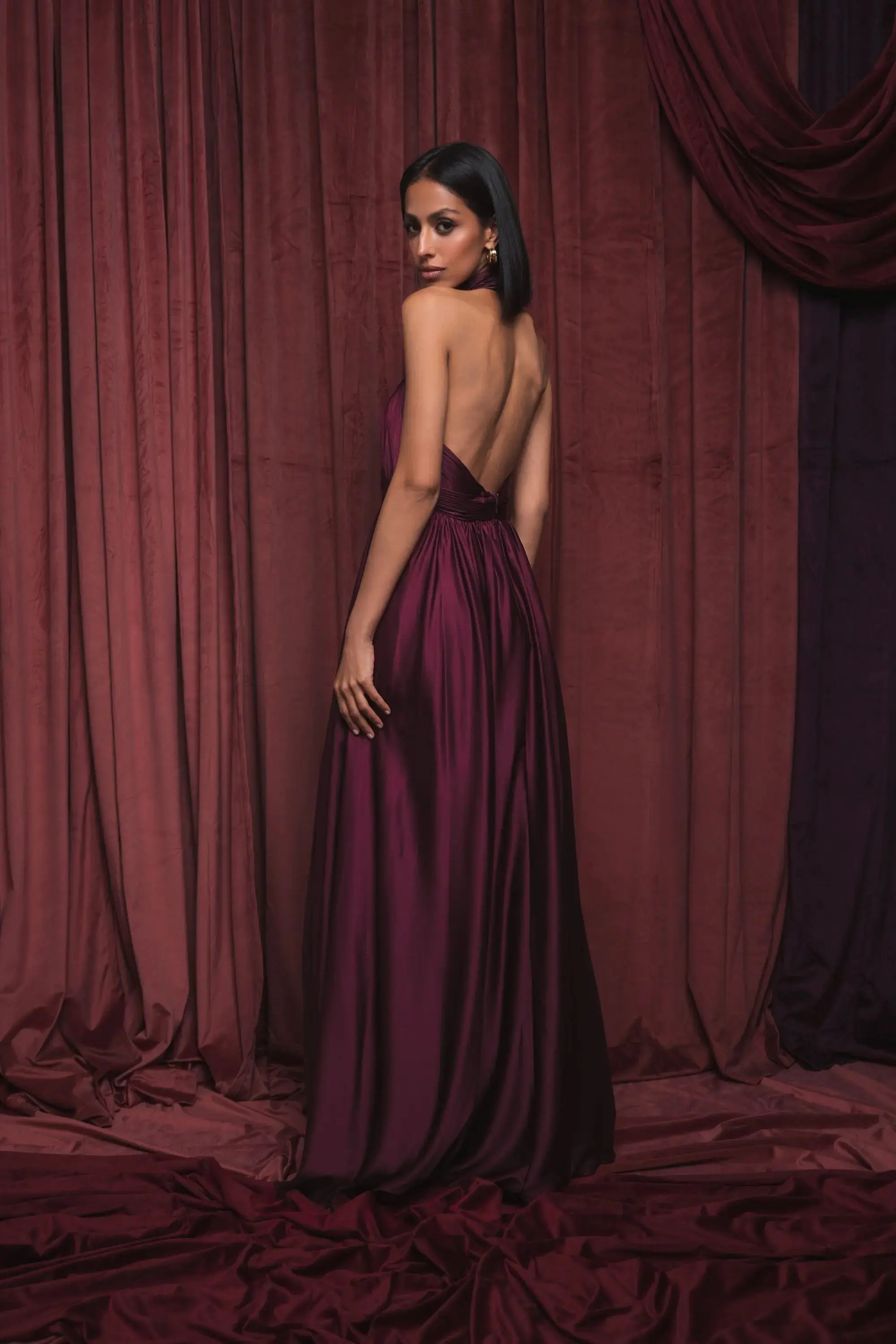 Purple Halter Neck Open Back Satin Gown With Slit - Image 6