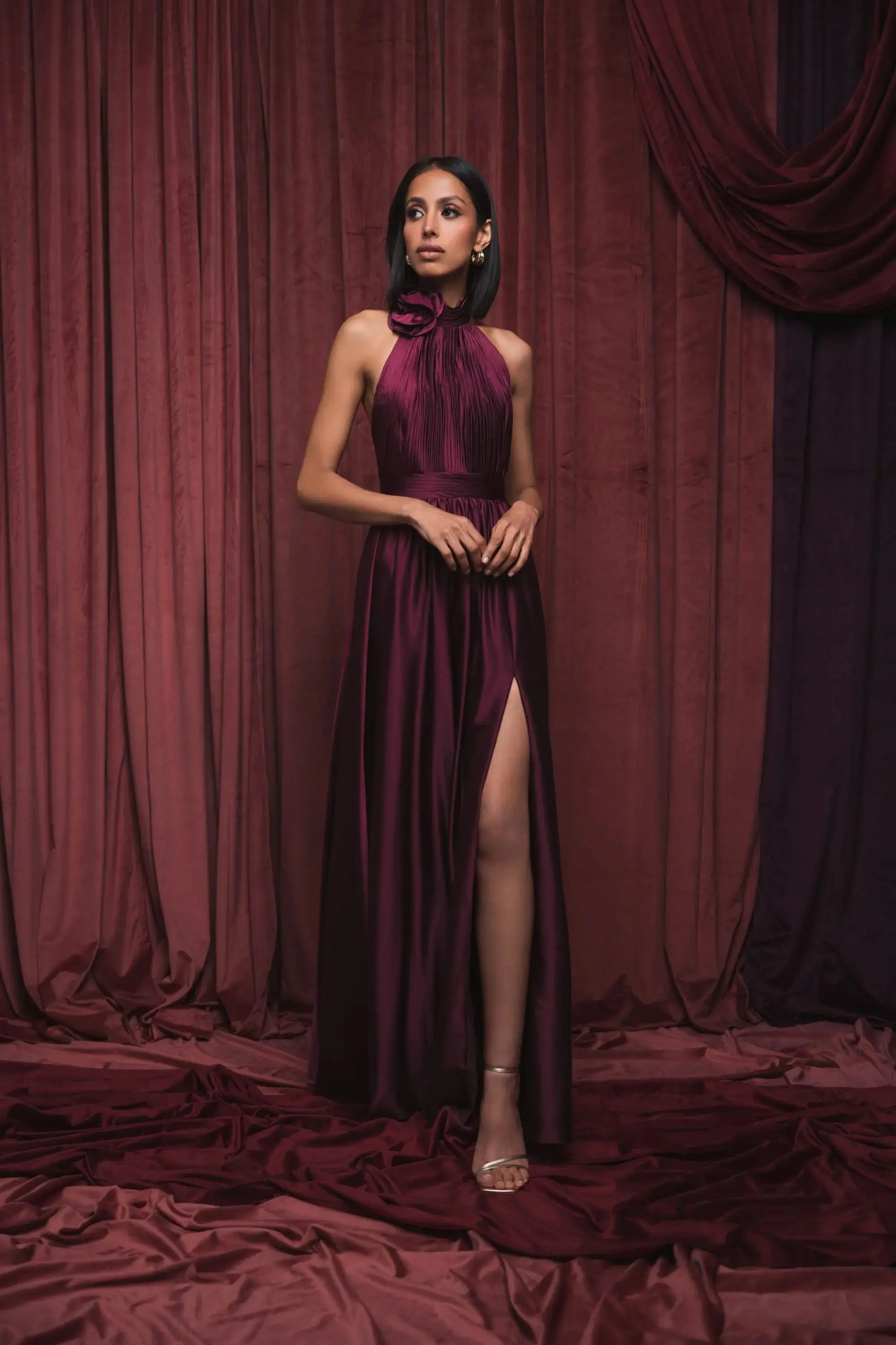 Purple Halter Neck Open Back Satin Gown With Slit - Image 7