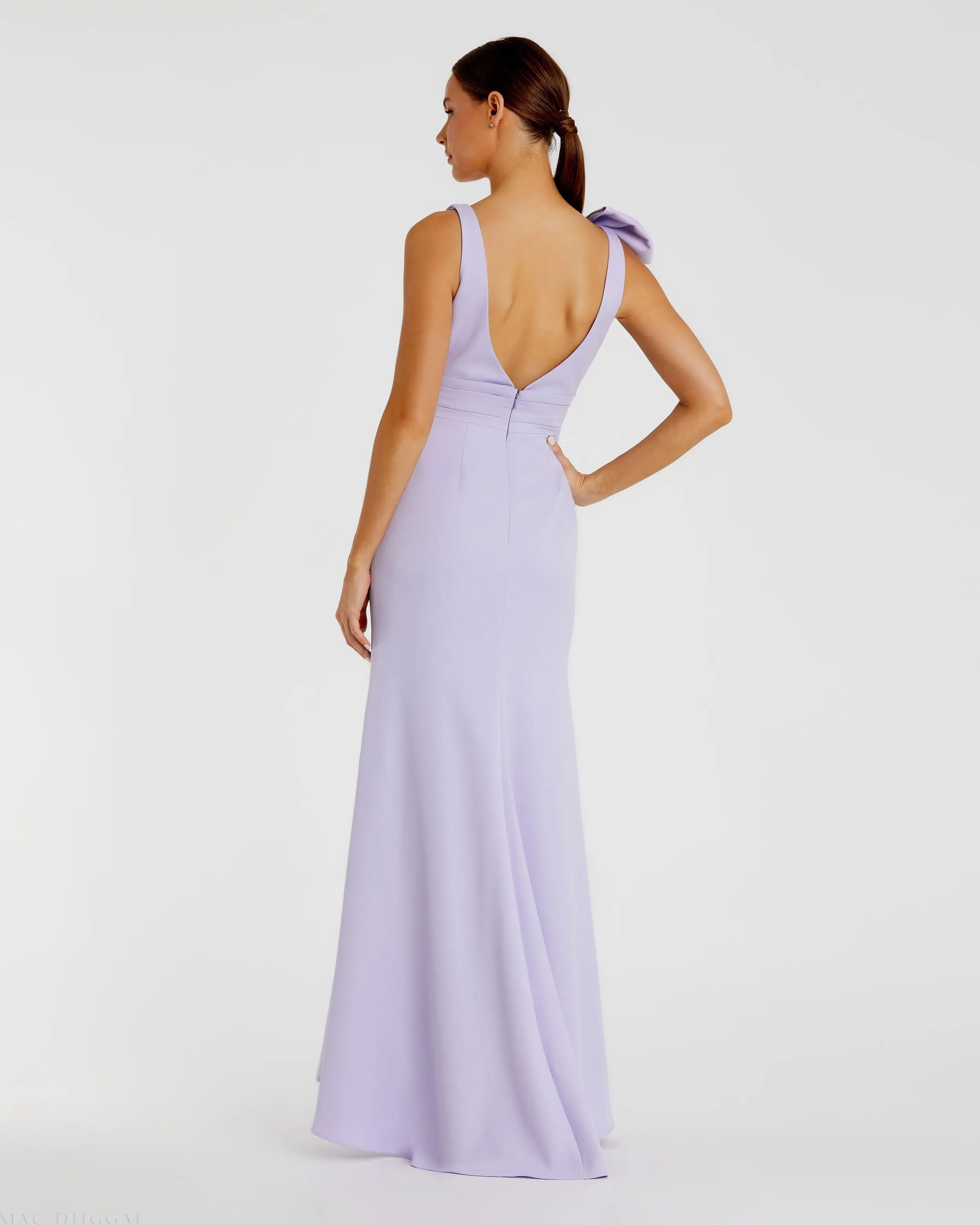 Purple Sleeveless V Neck Bow Detail Mermaid Gown - Image 3