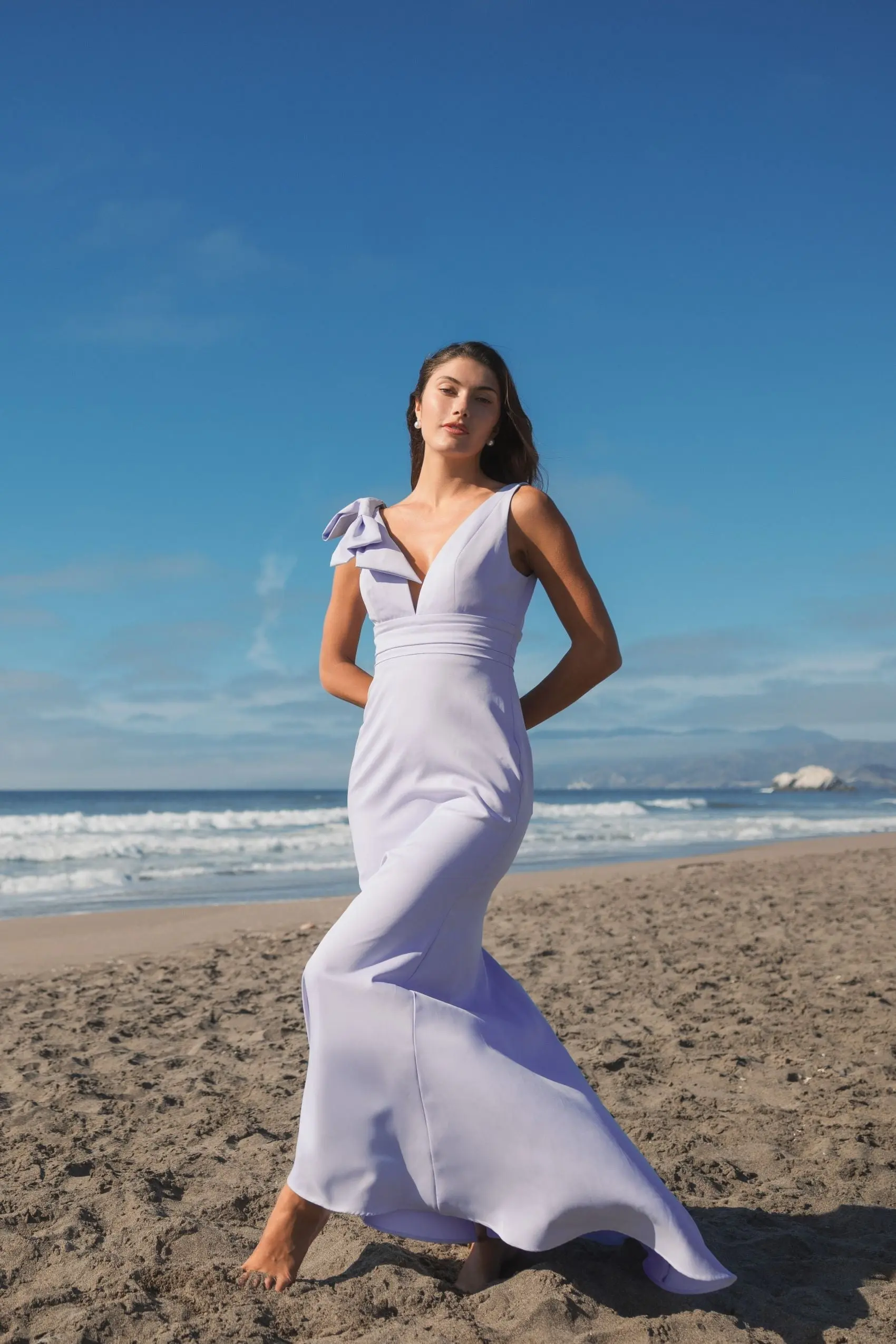 Purple Sleeveless V Neck Bow Detail Mermaid Gown - Image 4