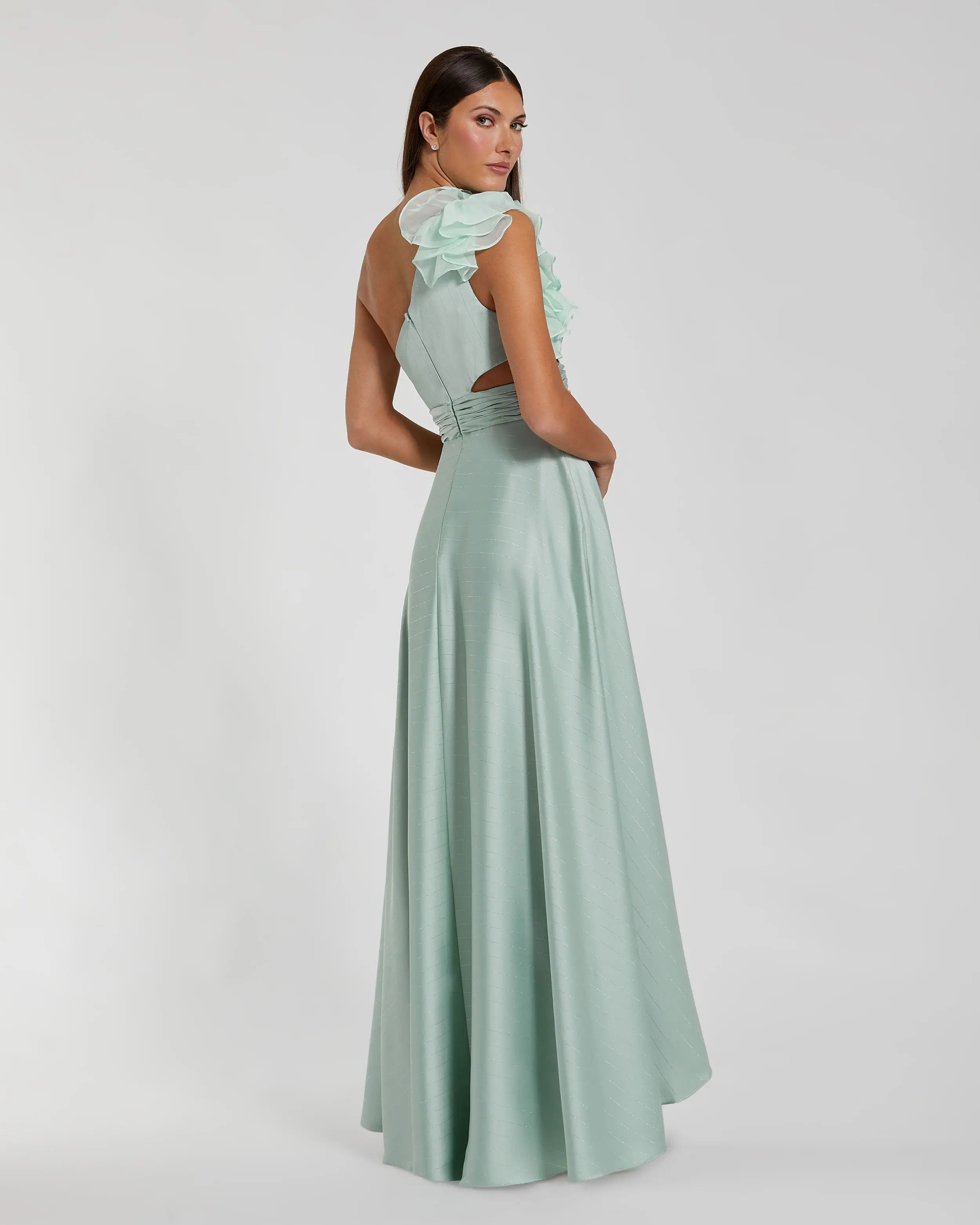 Green Ruffled One Shoulder Cut Out Hi-Low Gown - Image 3