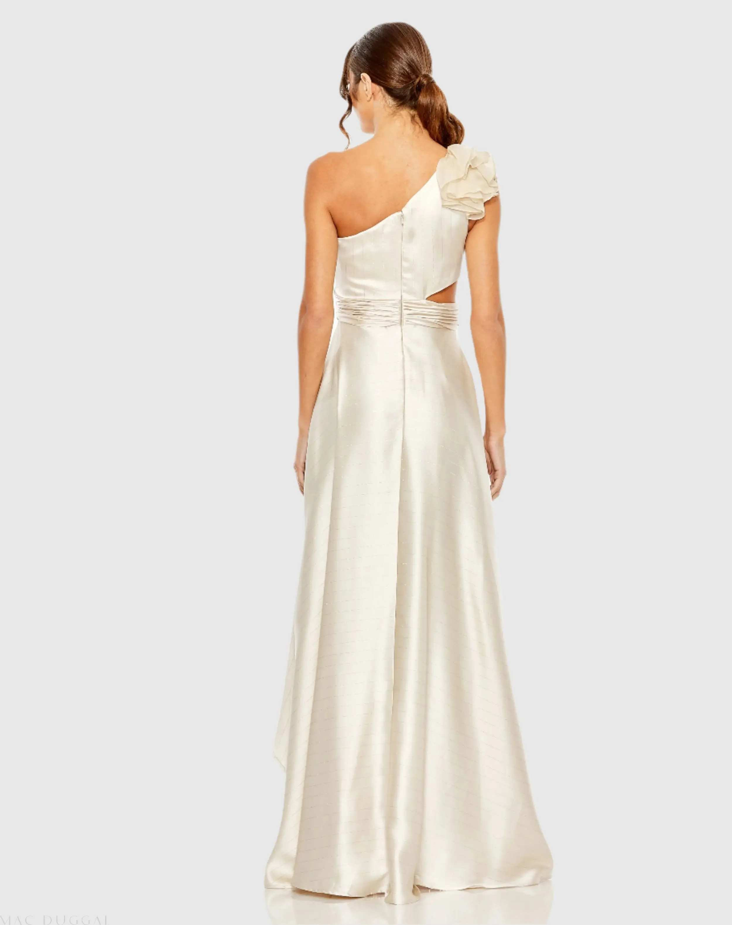 Beige Ruffled One Shoulder Cut Out Hi-Low Gown - Image 3