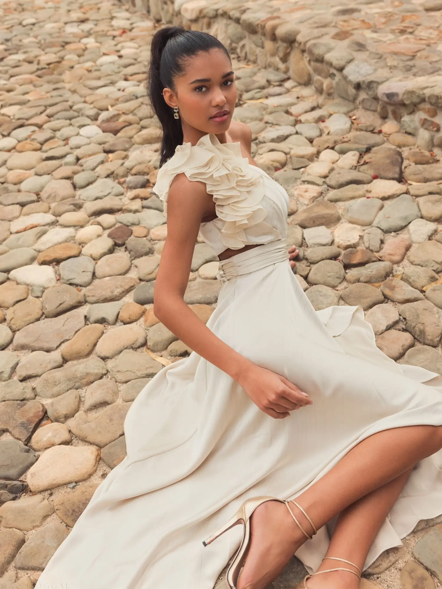 Beige Ruffled One Shoulder Cut Out Hi-Low Gown - Image 5