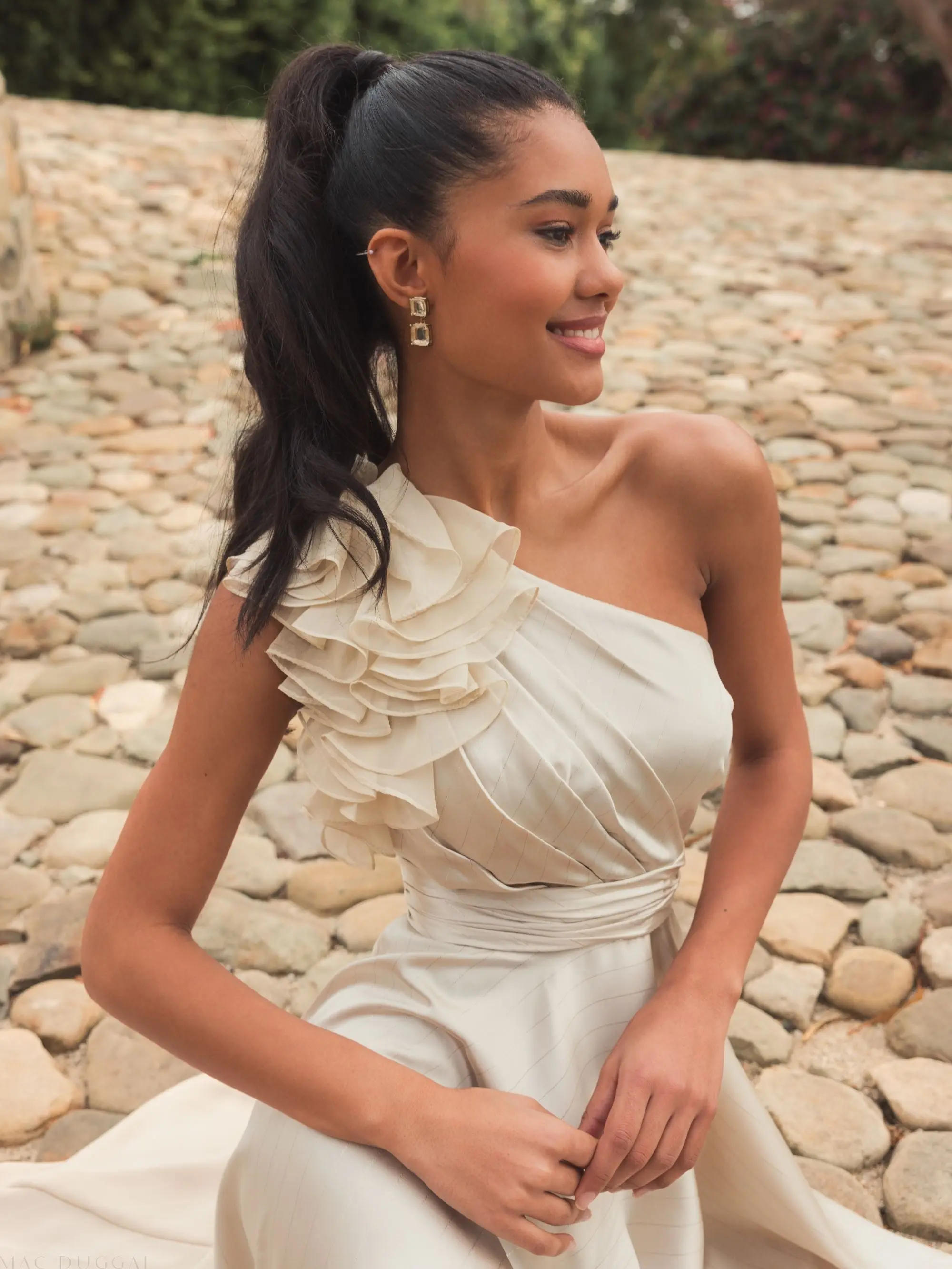 Beige Ruffled One Shoulder Cut Out Hi-Low Gown - Image 6