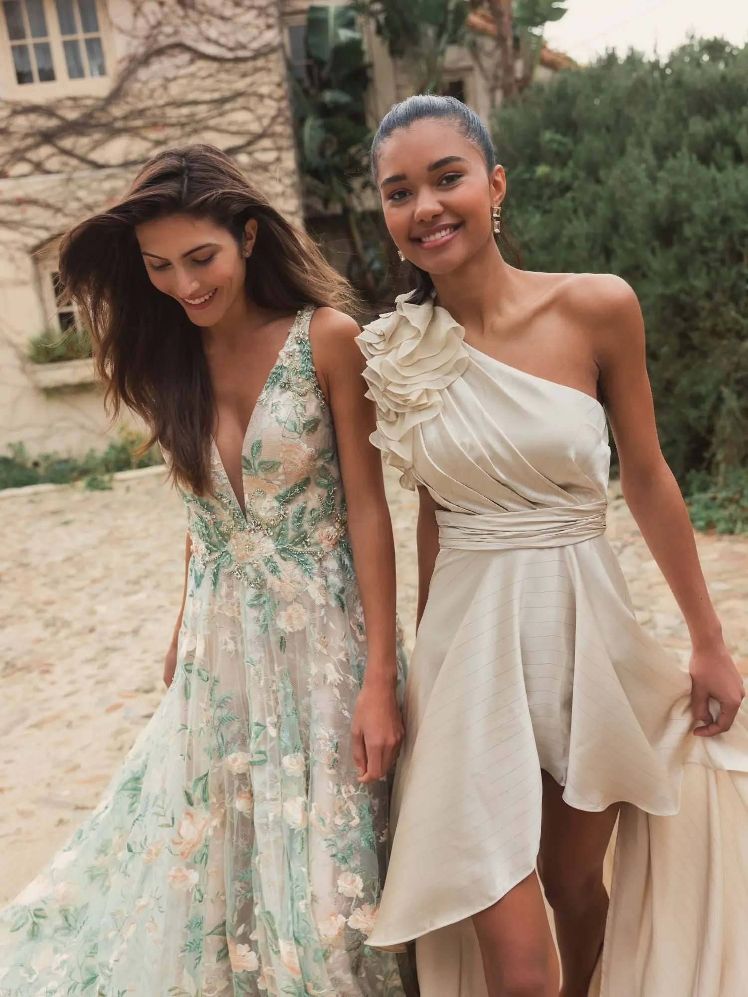 Beige Ruffled One Shoulder Cut Out Hi-Low Gown - Image 7